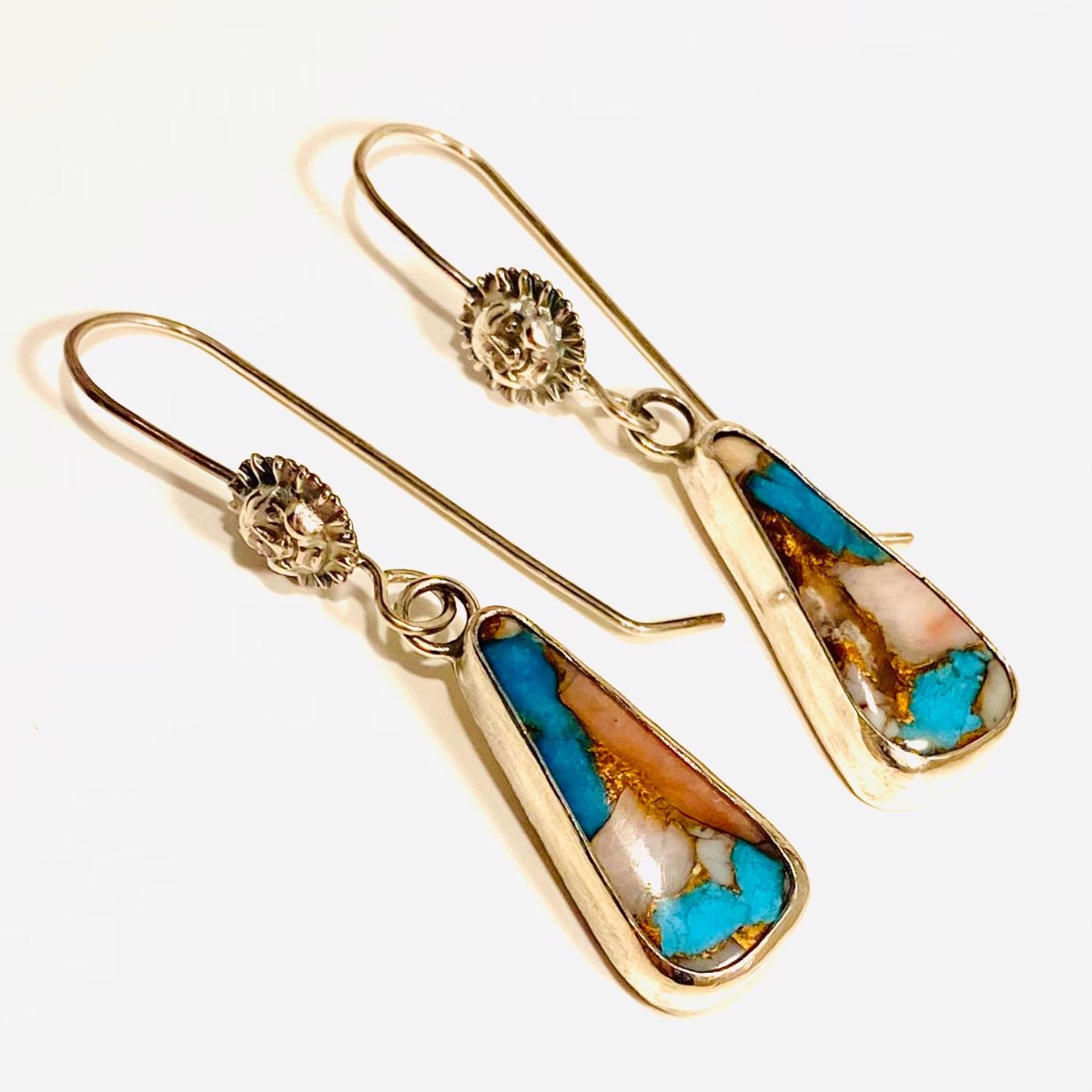AB21- 26 Kingsman Turquoise, Peruvian Opal and Bronze Composite in Silver, Sun Accent Earrings by Anne Bivens