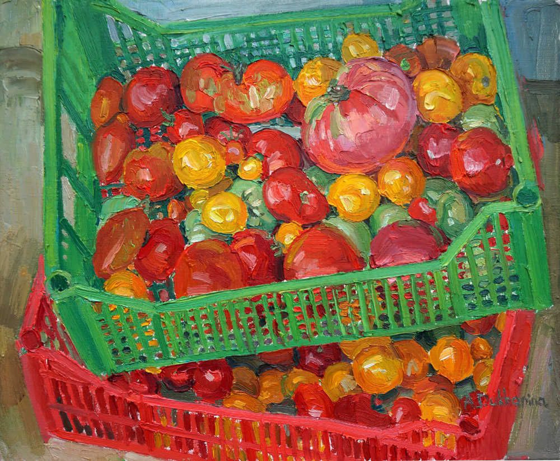 "Grandma's Tomatoes" original oil painting by Anastasia Dukhanina