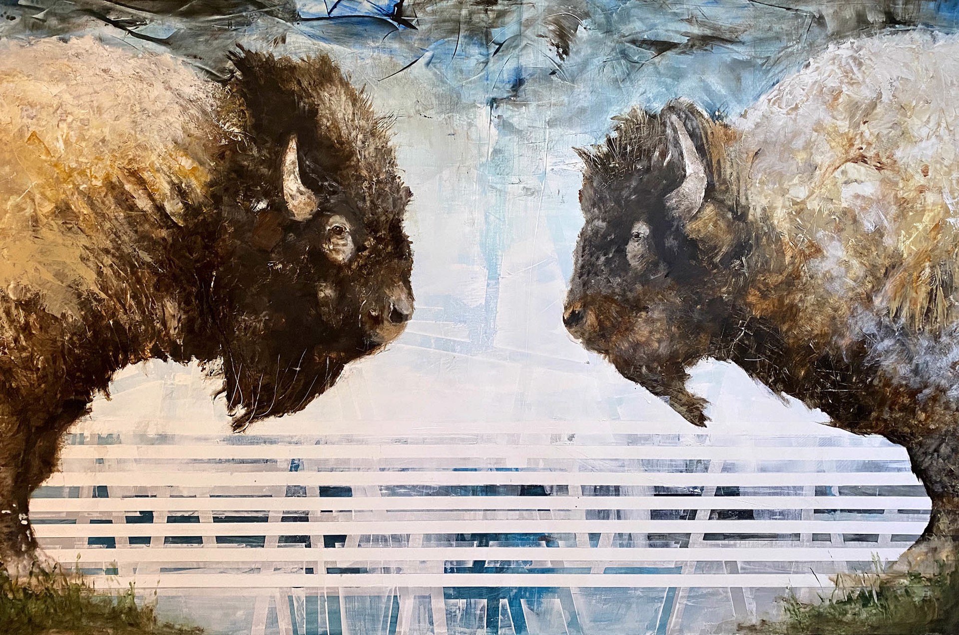A Large Oil Painting Of Two Bison Facing Each Other Standing On Grass With An Abstract Contemporary Blue Lined Patterned Background, By Jenna Von Benedikt