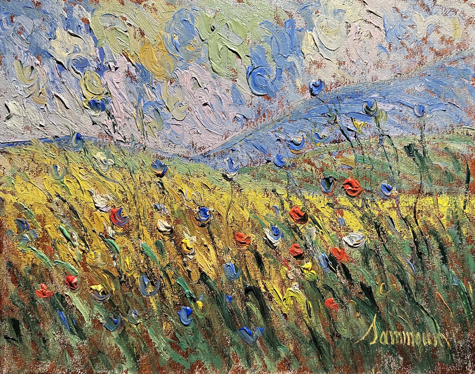 Wild blue flowers and wheat field, 16x20 by Samir Sammoun