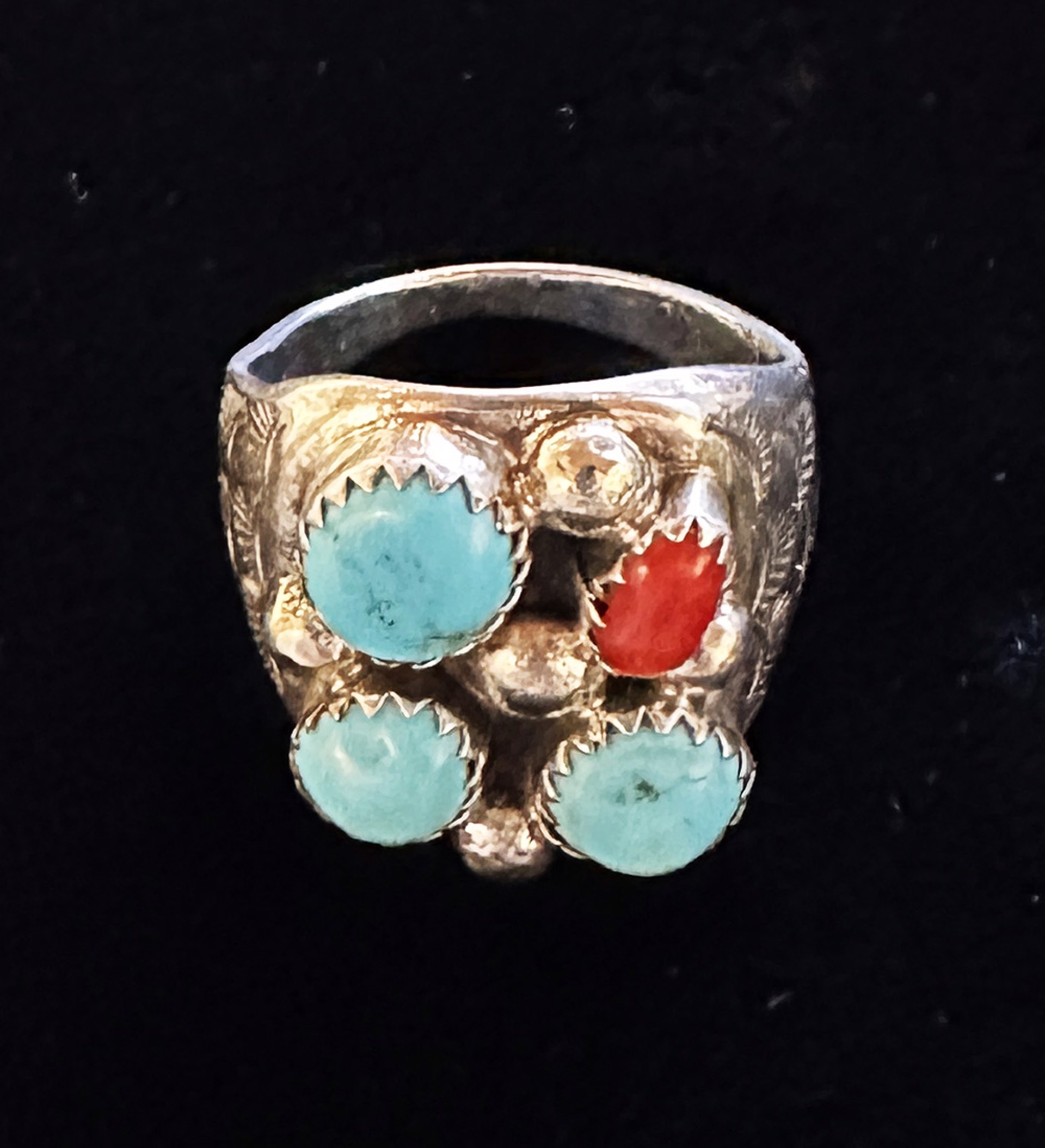 Silver, with 1 Coral, and 3 Turquoise stones
