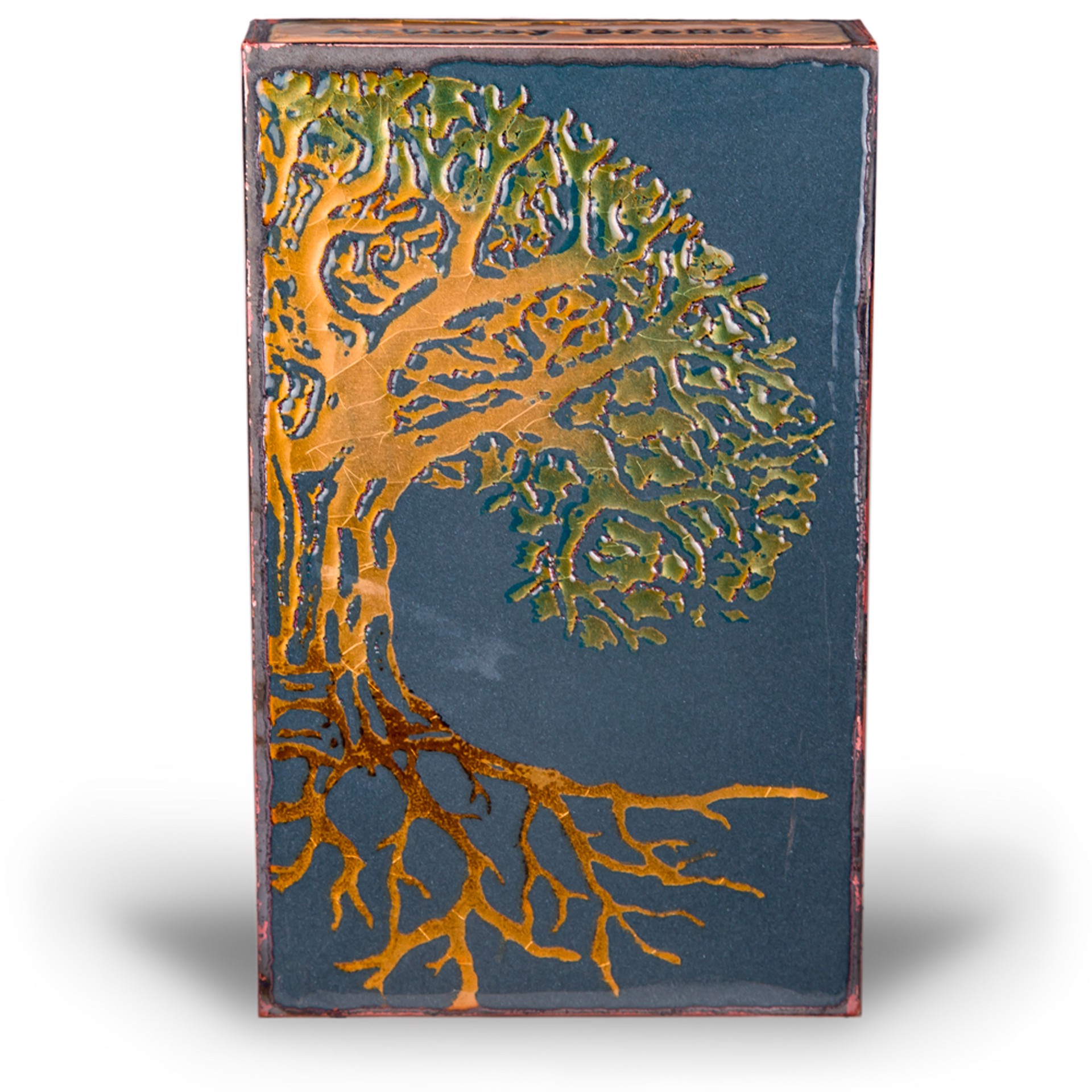 A Houston Llew Glass Fired To Copper Spiritile #223 Featuring A Tree And A Quote By Anthony Brandt, Available At Gallery Wild