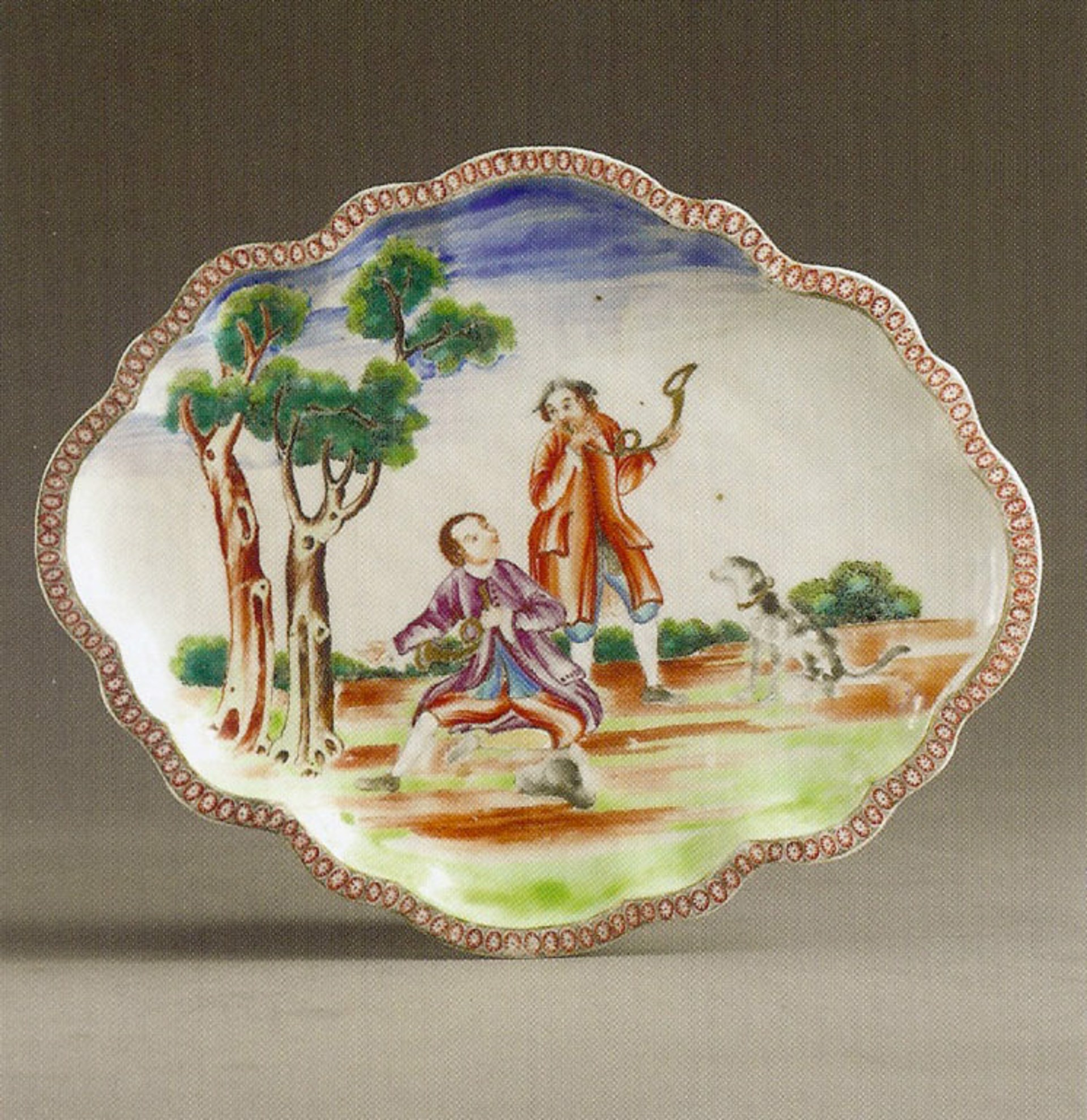 FAMILLE ROSE SCALLOPED OVAL DISH WITH TWO HUNTSMEN