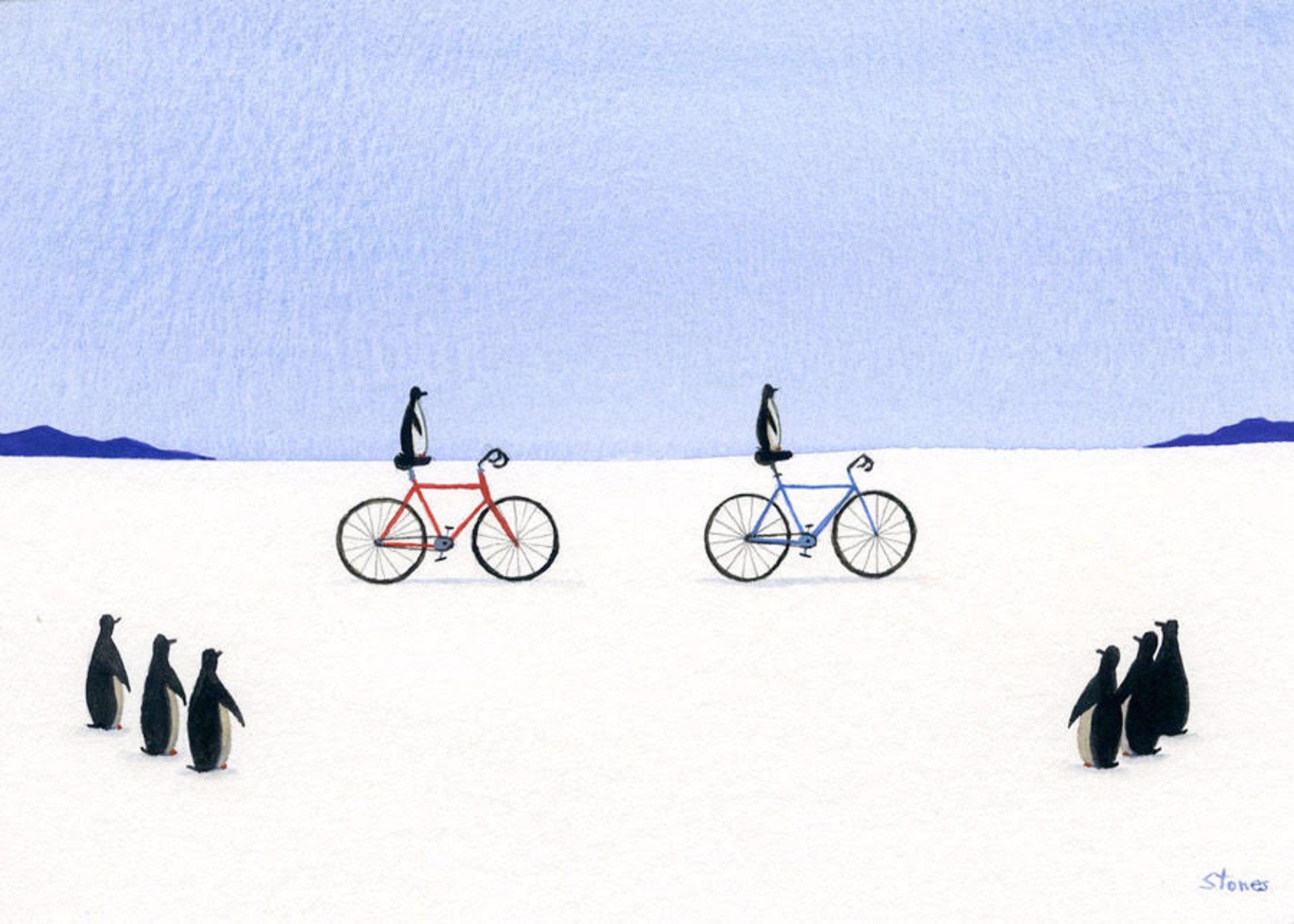 Eight Penguins, Two Bikes by Greg Stones