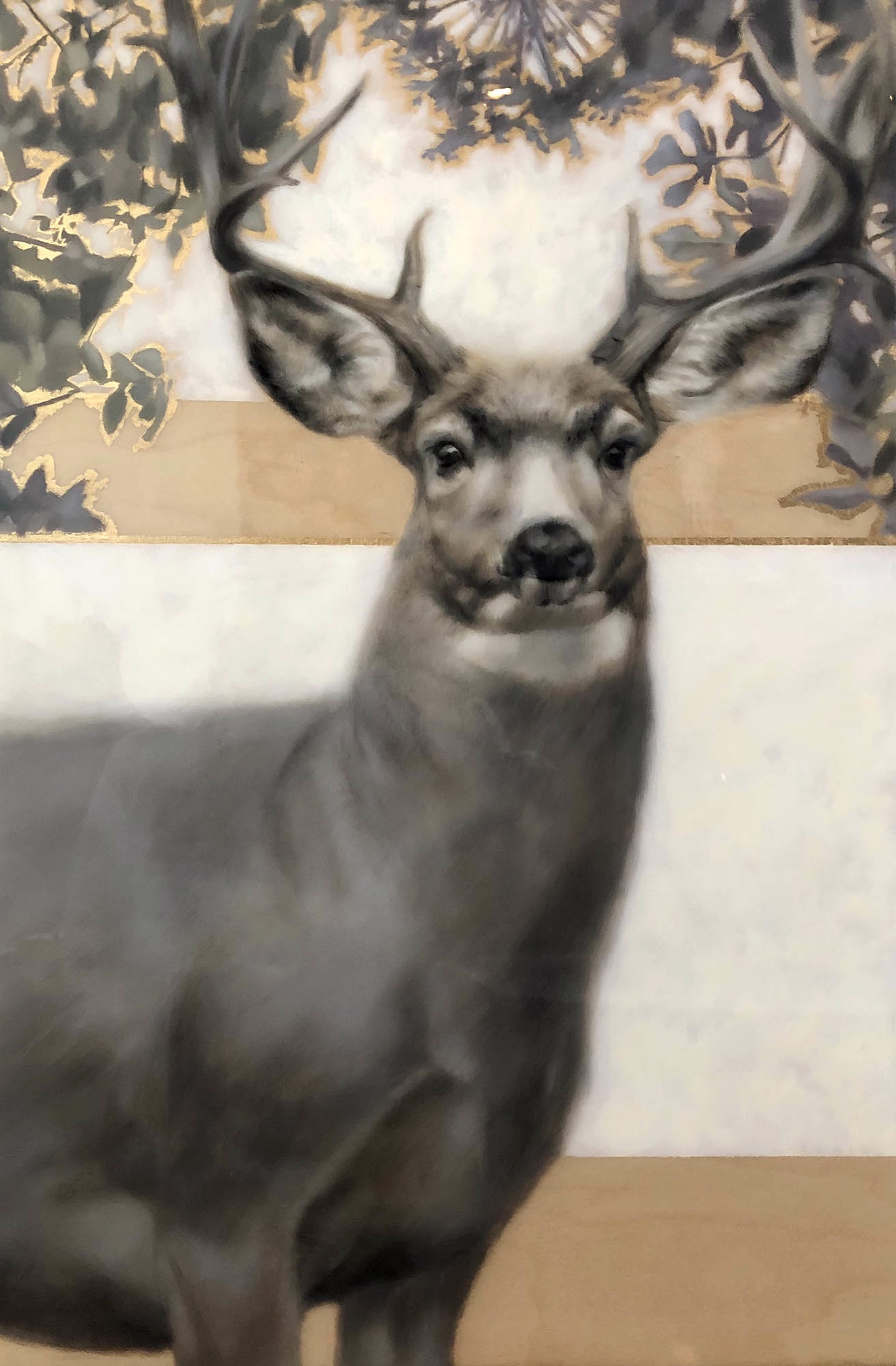 Original Artwork Featuring A Buck Deer Painted On Abstract Wood Panel Background With Gold Leaf Detail