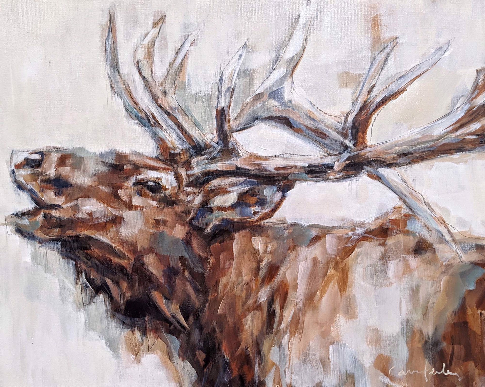 An Original Acrylic Painting Of A Bugling Bull Elk Head With Antlers By Carrie Penley
