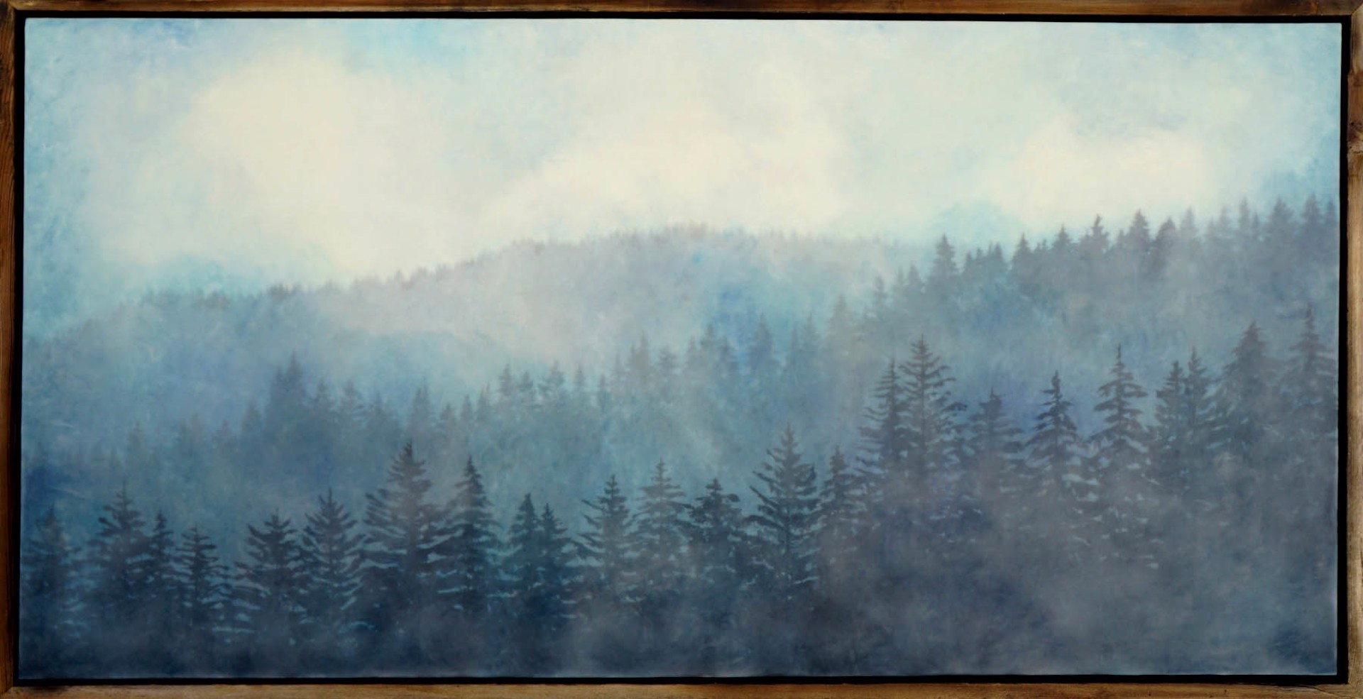 Original Encaustic Landscape Painting Featuring Cloud Covered Hillside With Pine Trees