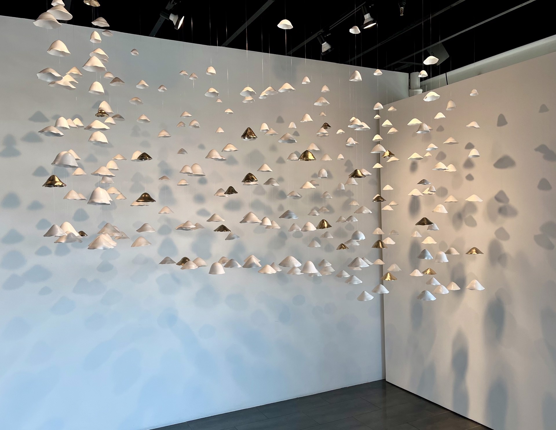 Lucrecia Waggoner Porcelain Wall Installation Custom Artwork Lucrecia Waggoner Floating Garden, 2022 Polished porcelain with moongold, suspended on wire7 x 4 x 2 ft