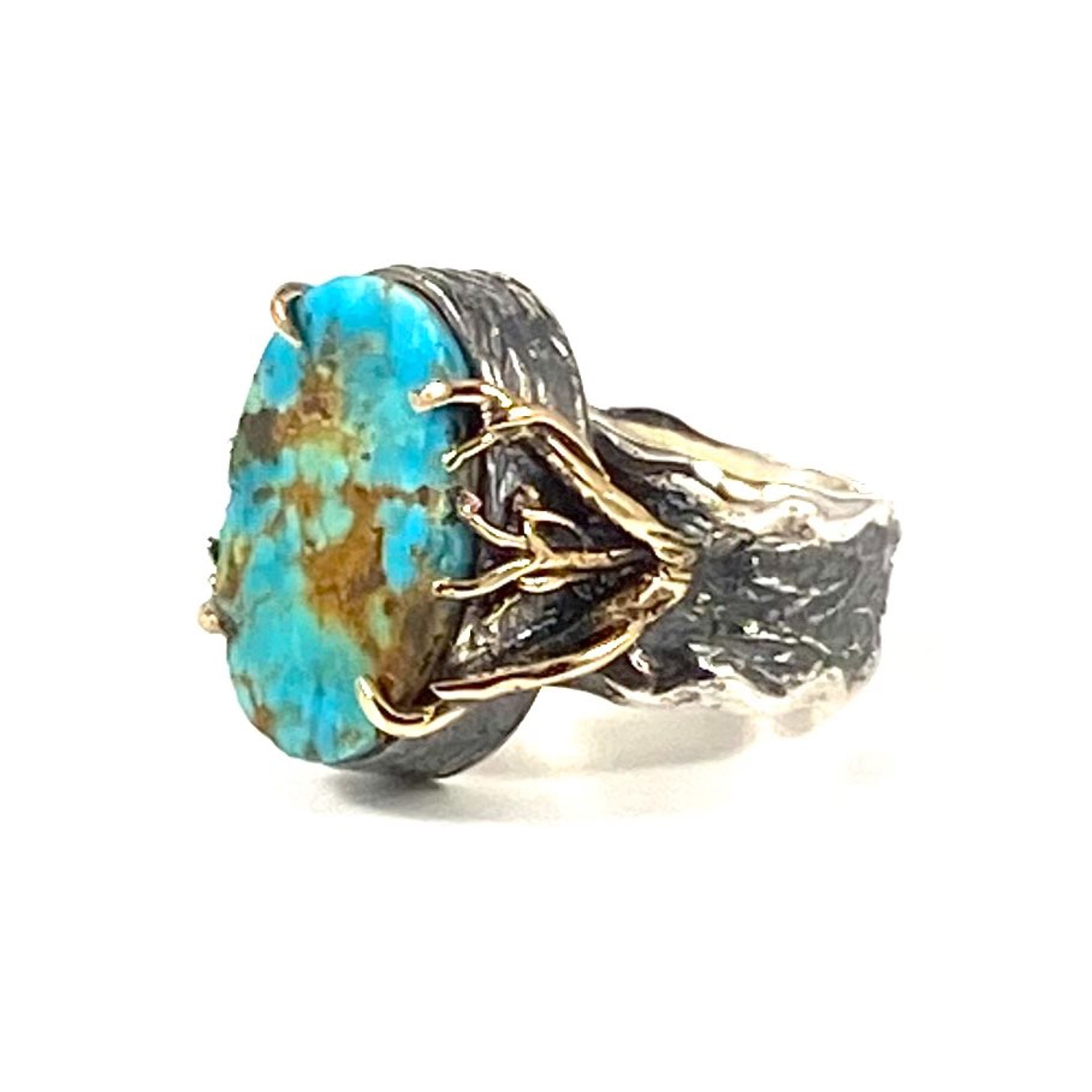 Dramatic Persian Turquois Oxidized Silver Band Ring sz10.5 by Bora