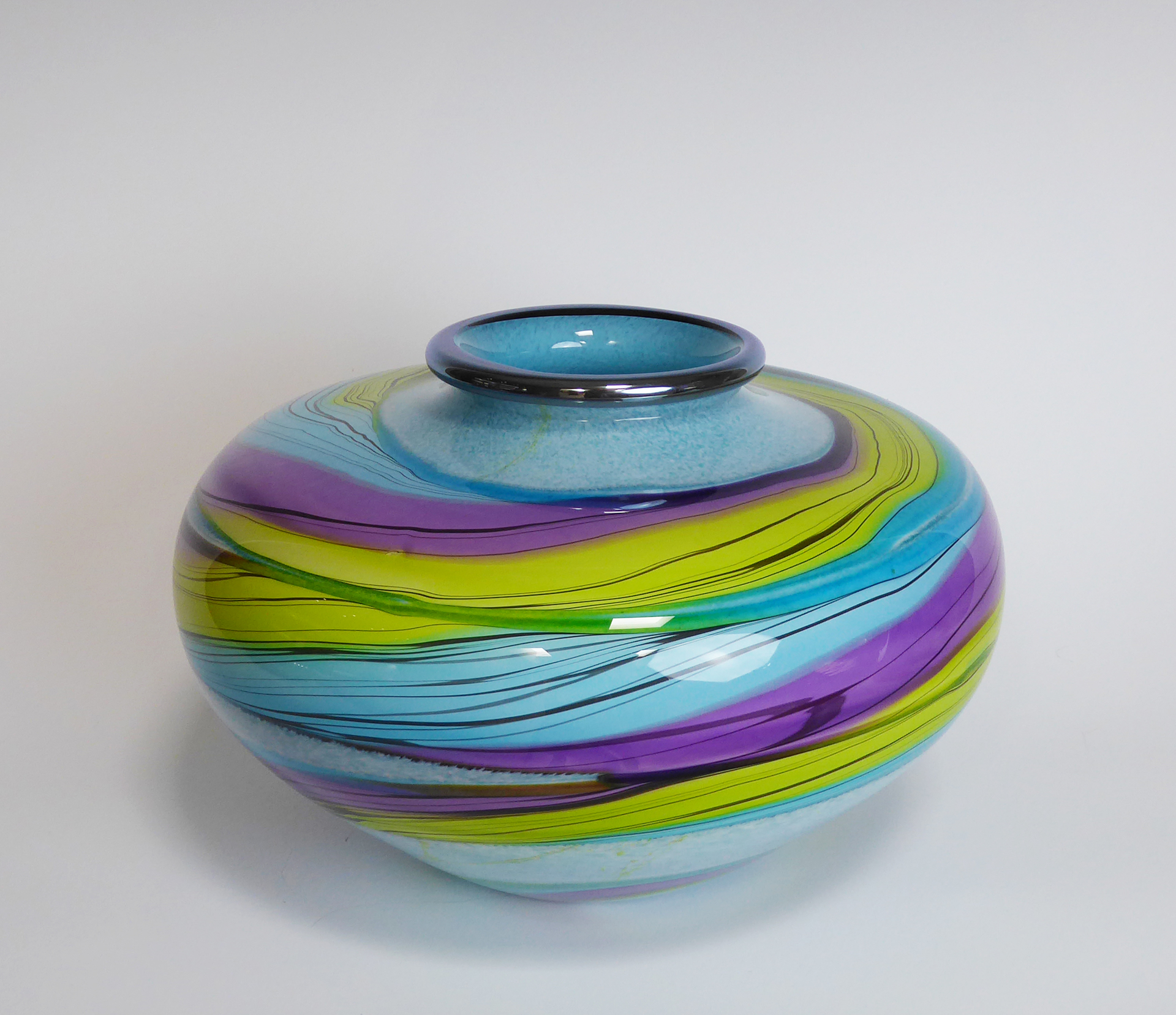Color Ribbon Pueblo Vase-Blue, Yellow, Purple by Richard Hornby