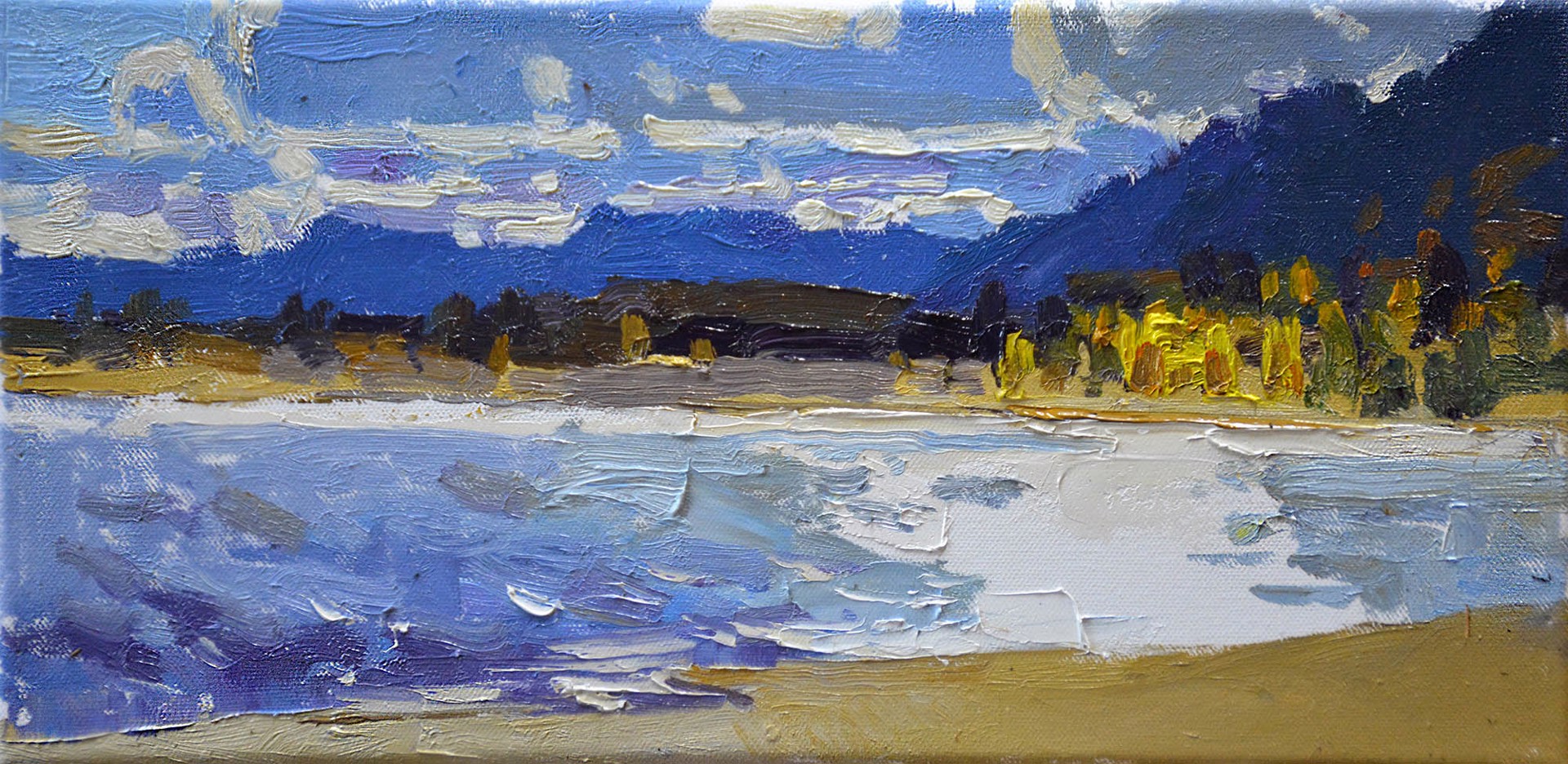 Original Oil Painting Featuring A Summer Landscape Of A Lake Surrounded By Mountains
