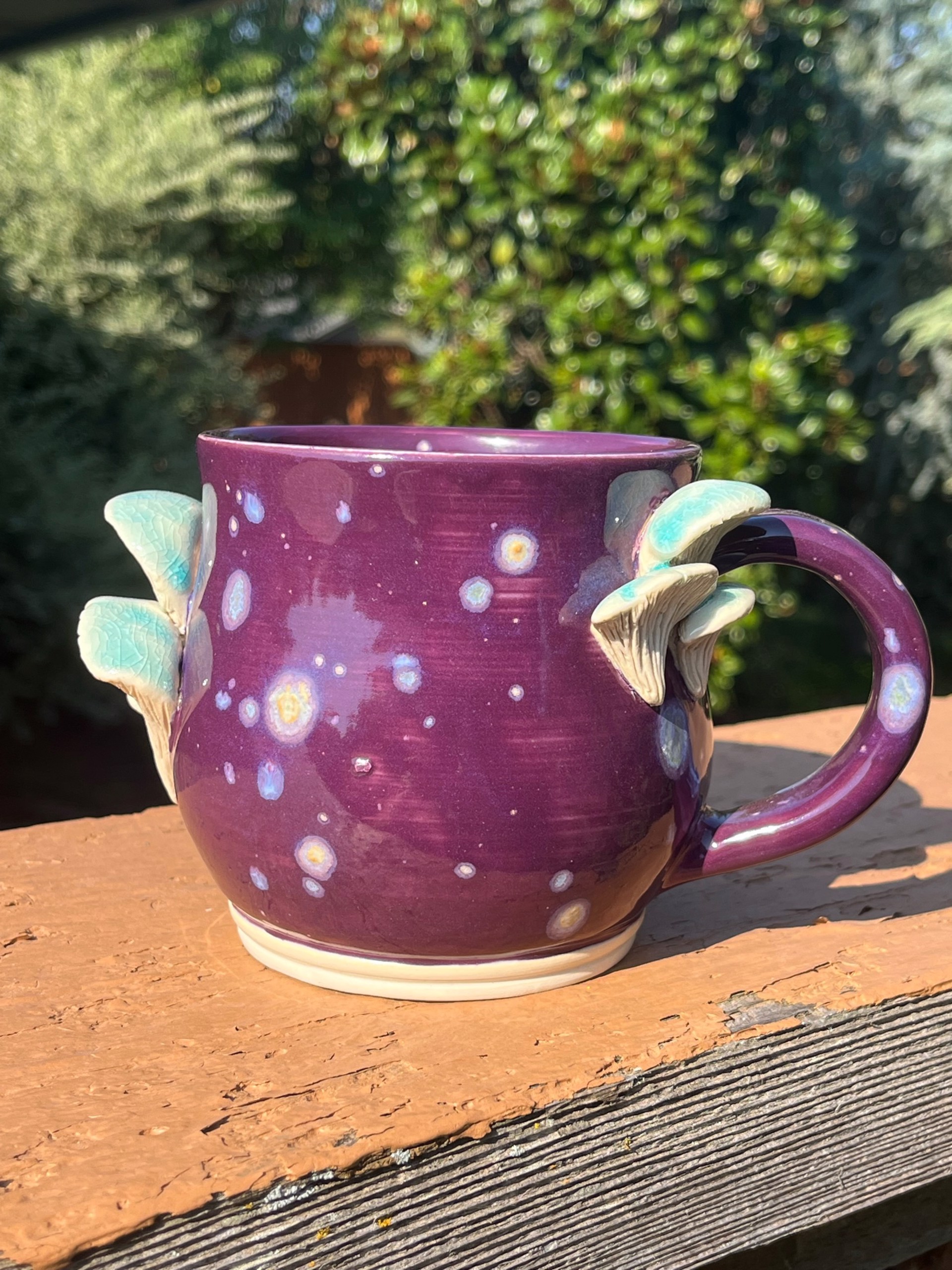 Purple Spotted Mug w/ Aqua Mushrooms by Katy Nickell