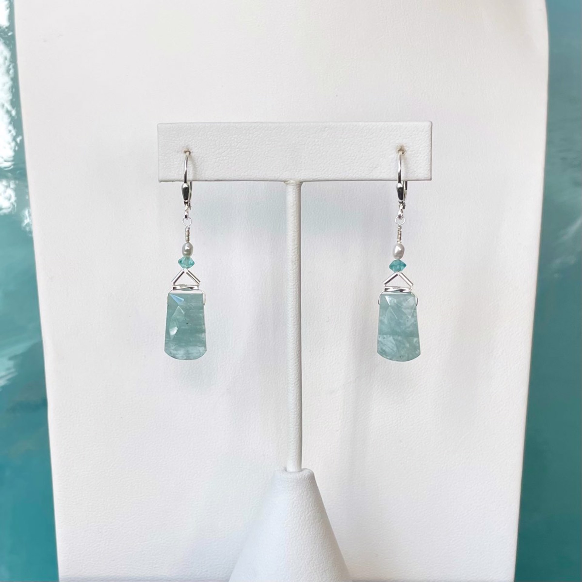 Aquamarine, Apatite, Pearls and Sterling Silver Shield Earrings by Lisa Kelley