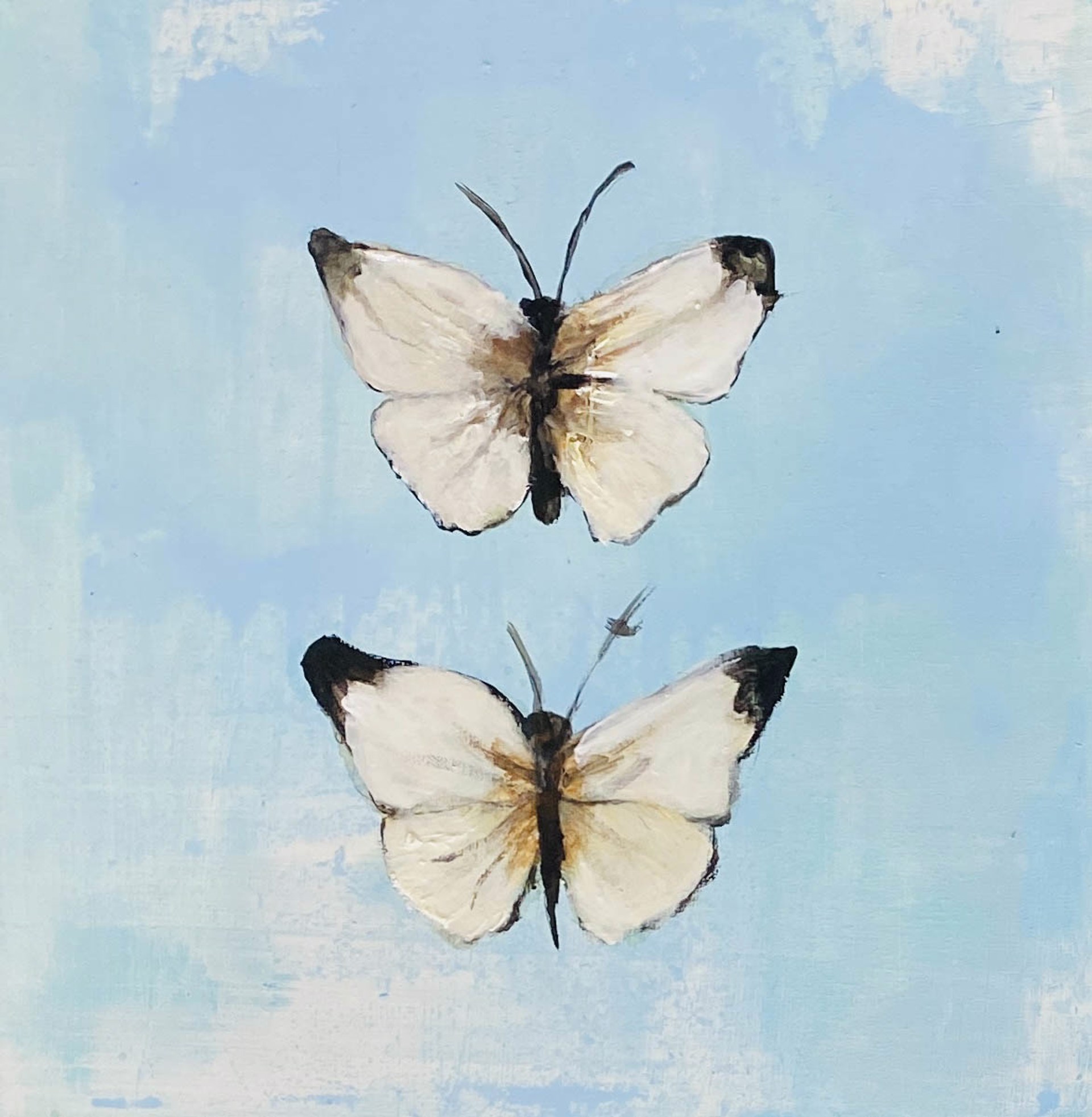 Original Oil Painting Featuring Two White Butterflies Over Abstract Background