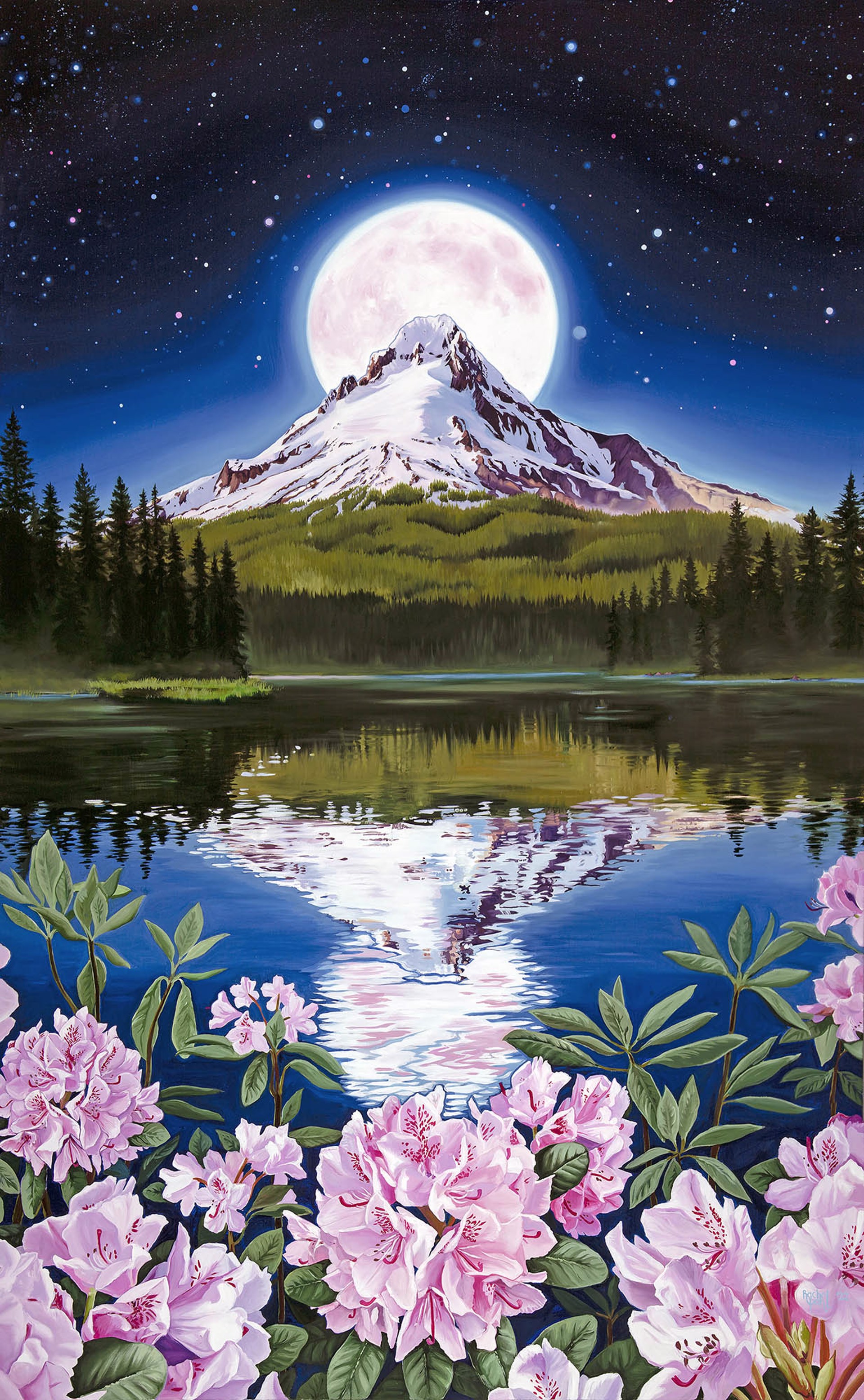 Mountain Landscape With Full Moon Illuminating The Sky And Reflecting In The Water Below