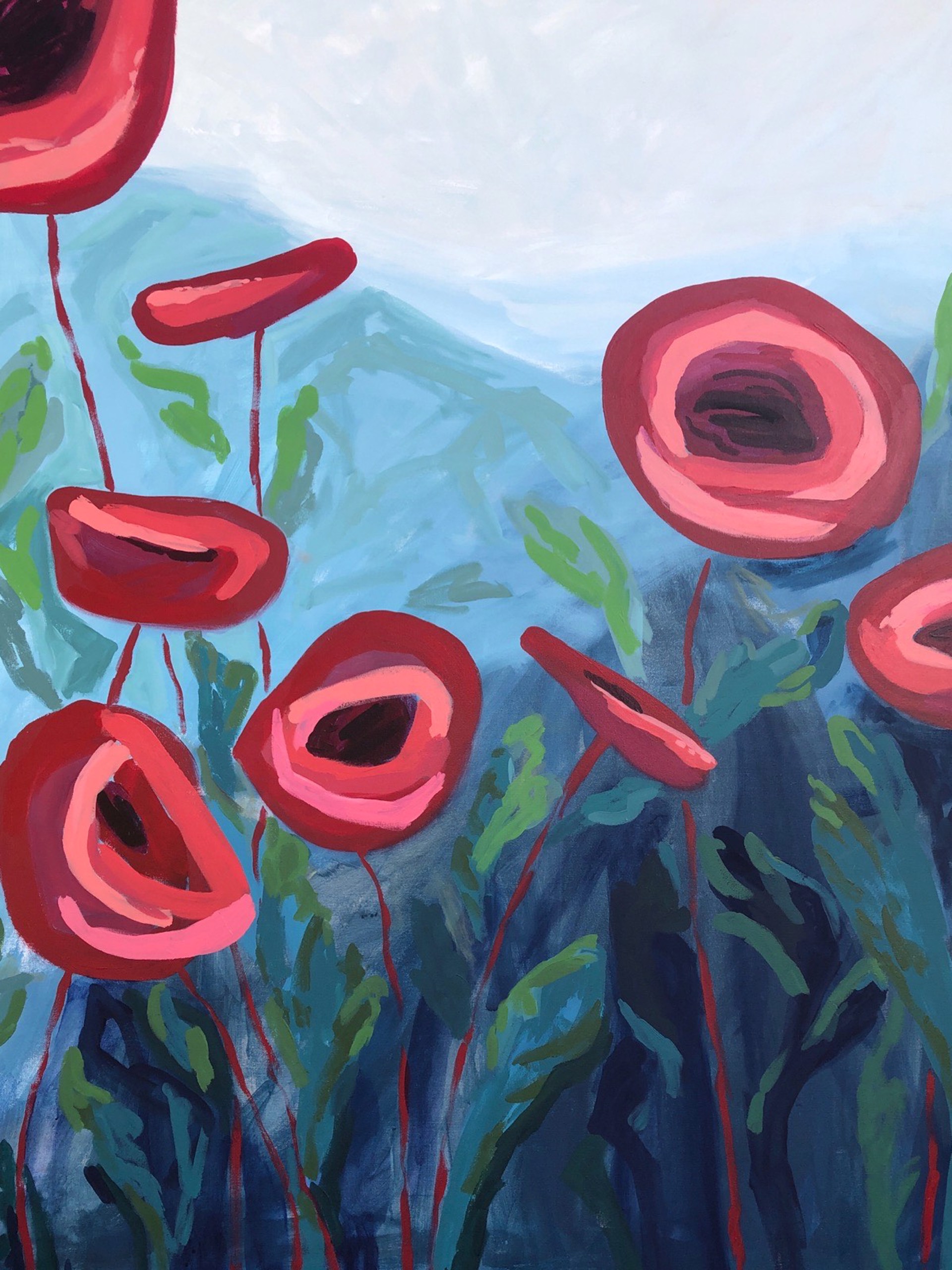 Red Poppies on Blue by Julia Blake