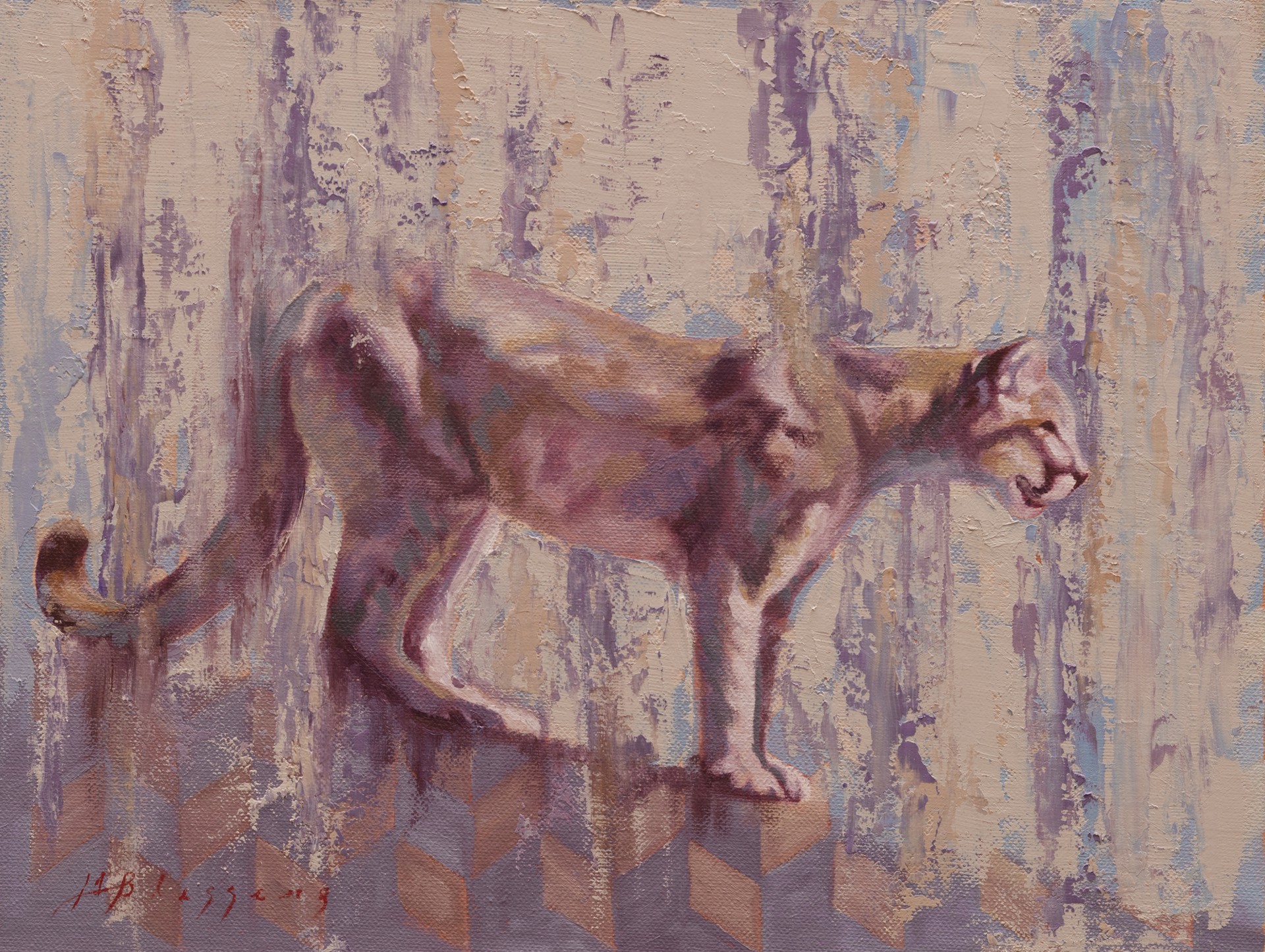 Oil Painting Of A Profile Portrait Of A Mountain Lion Standing With An Abstract Tan And Purple Background, Fine Art By Meagan Blessing