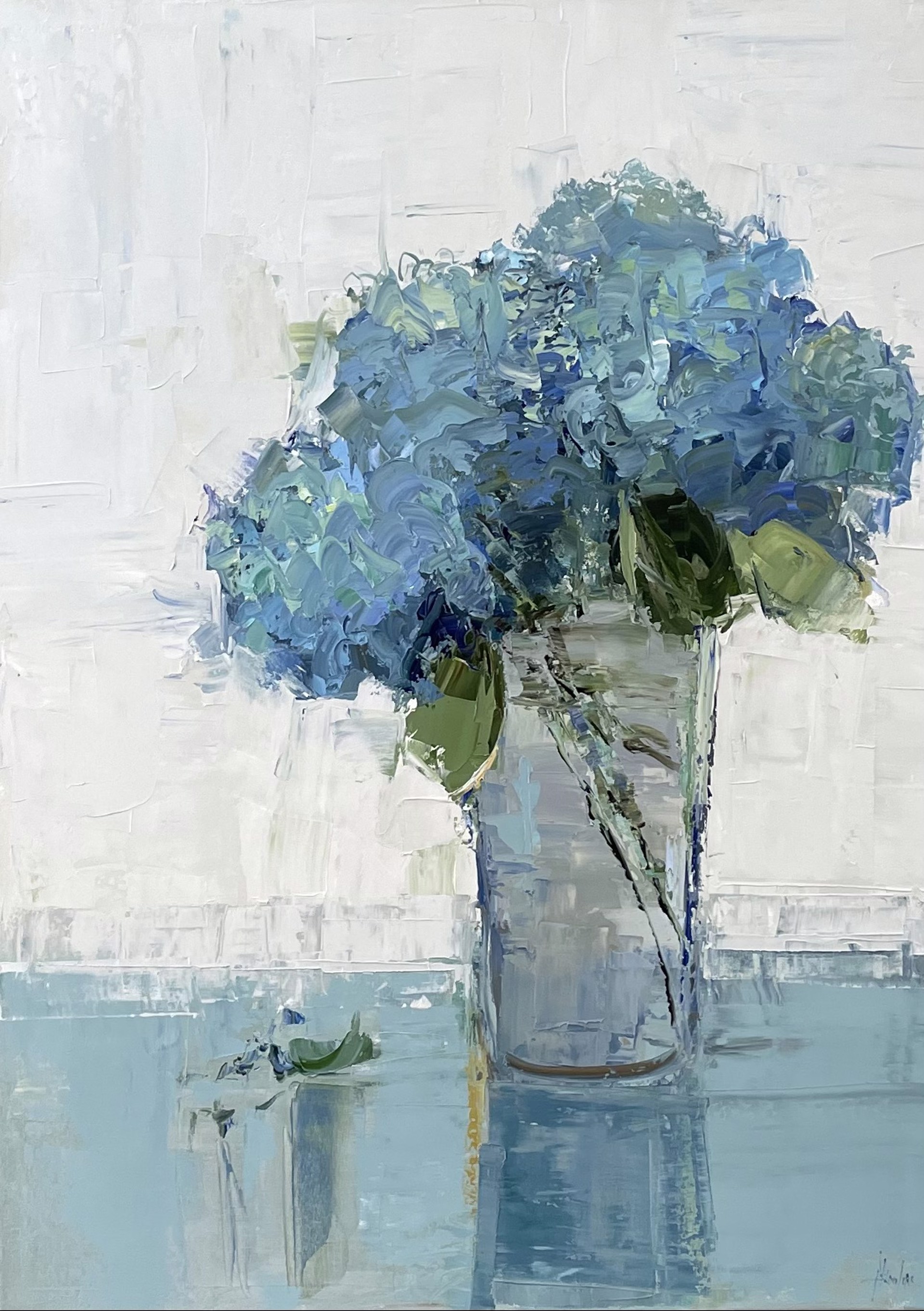 Blue Hydrangeas on Blue Table by Barbara Flowers