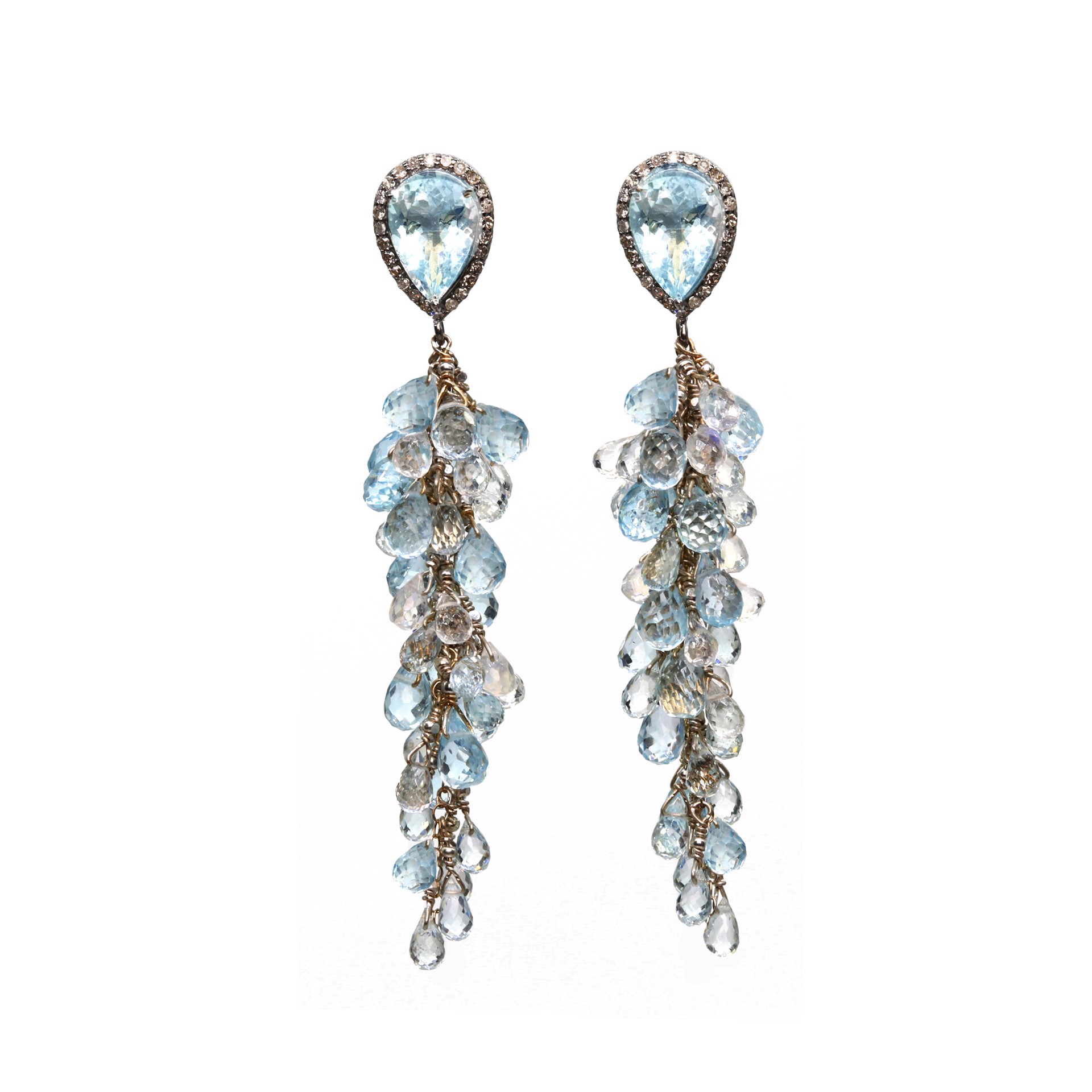 MLJ-3373-E- faceted Aquamarine teardrops surrounded by diamonds posts with hand pinned clusters ofAAA blue topaz and moonstone briolettes in sterling silver by Melinda Lawton Jewelry