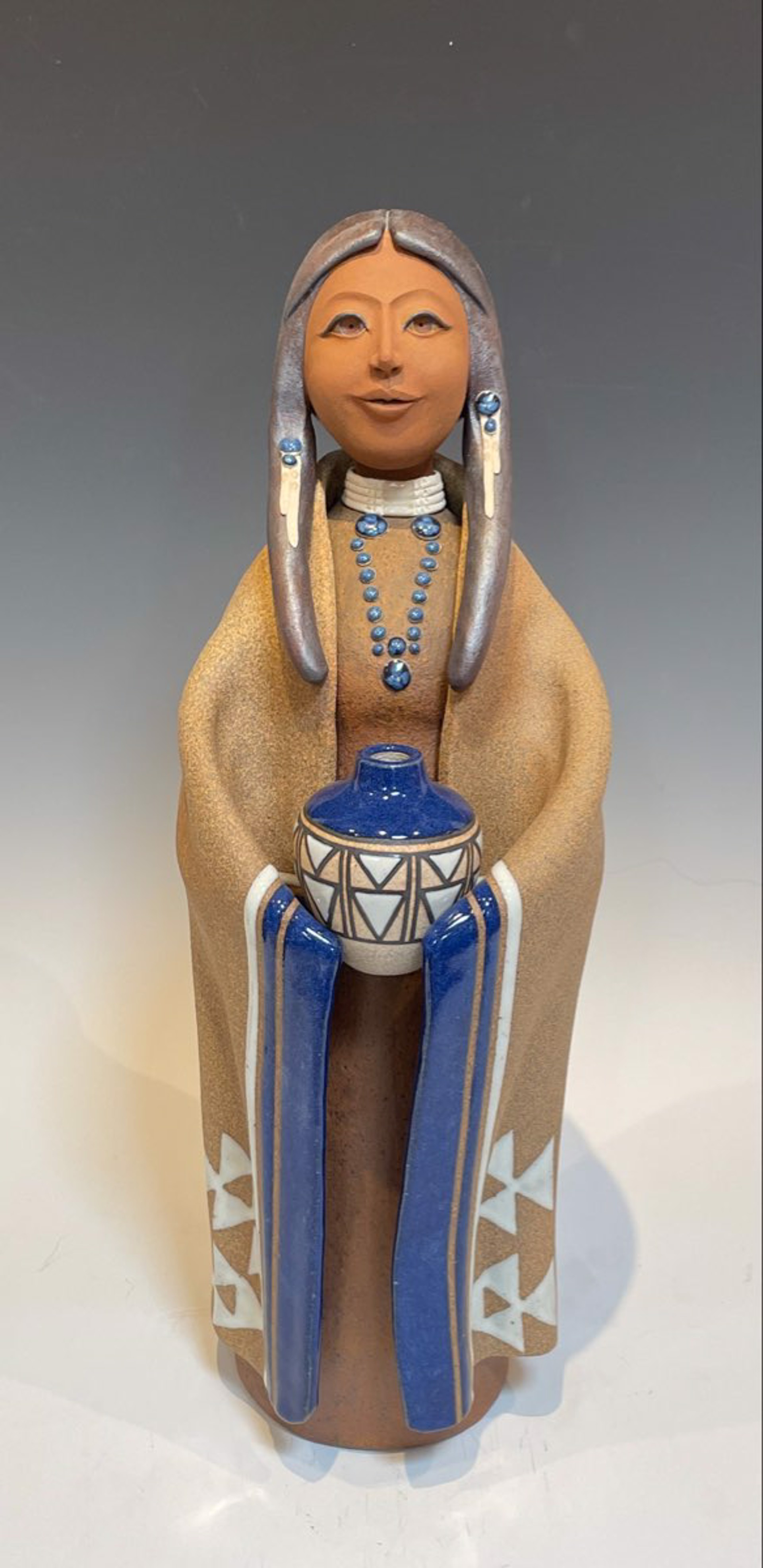 Lakota Maiden ~ Standing with Blue Blanket & Pottery by Terry Slonaker