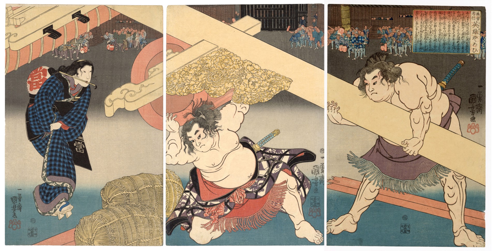O-Seki Watching a Trial of Strength Between Two Sumo Wrestlers: Nuregami Chogoro and Hanaregoma Chukichi by Kuniyoshi