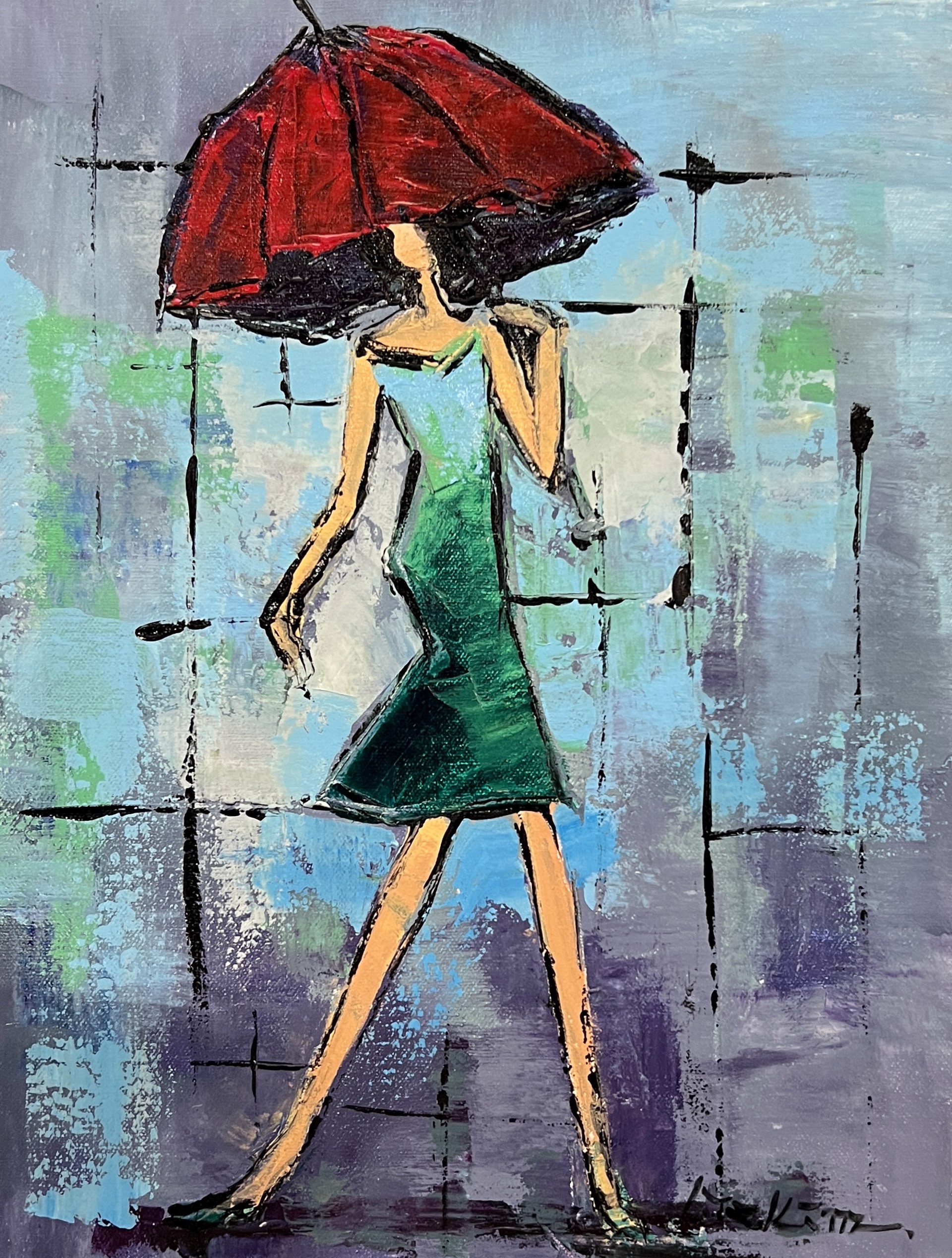RED UMBRELLA GREEN DRESS by LIA KIM