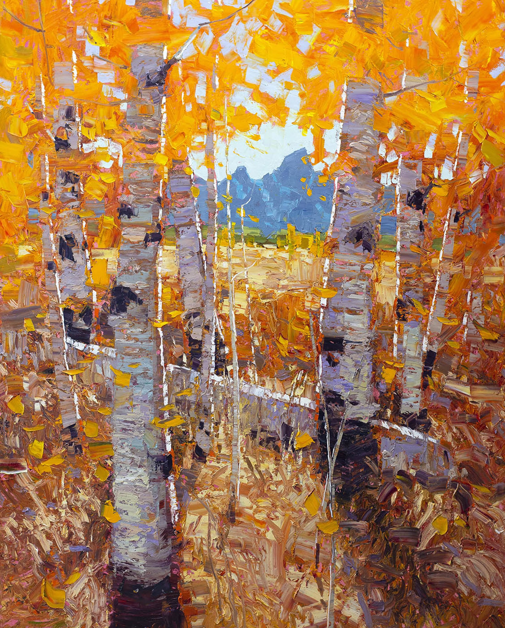 Original Oil Painting Using a Palette Knife By Silas Thompson Aspens With A View Of The Tetons