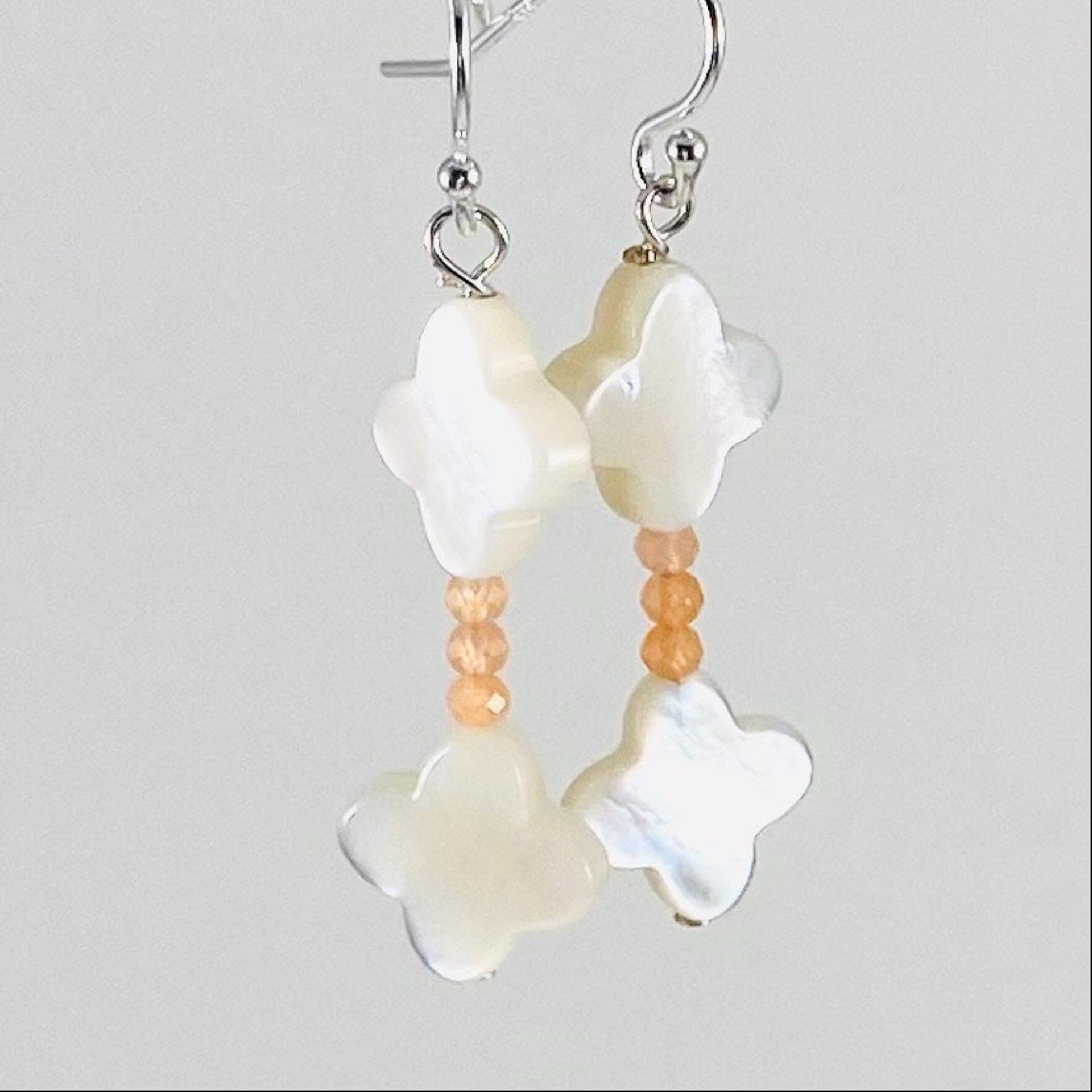 NT21-36 Mother Of Pearl Clover, Peach Chalcedony Earrings by Nance Trueworthy