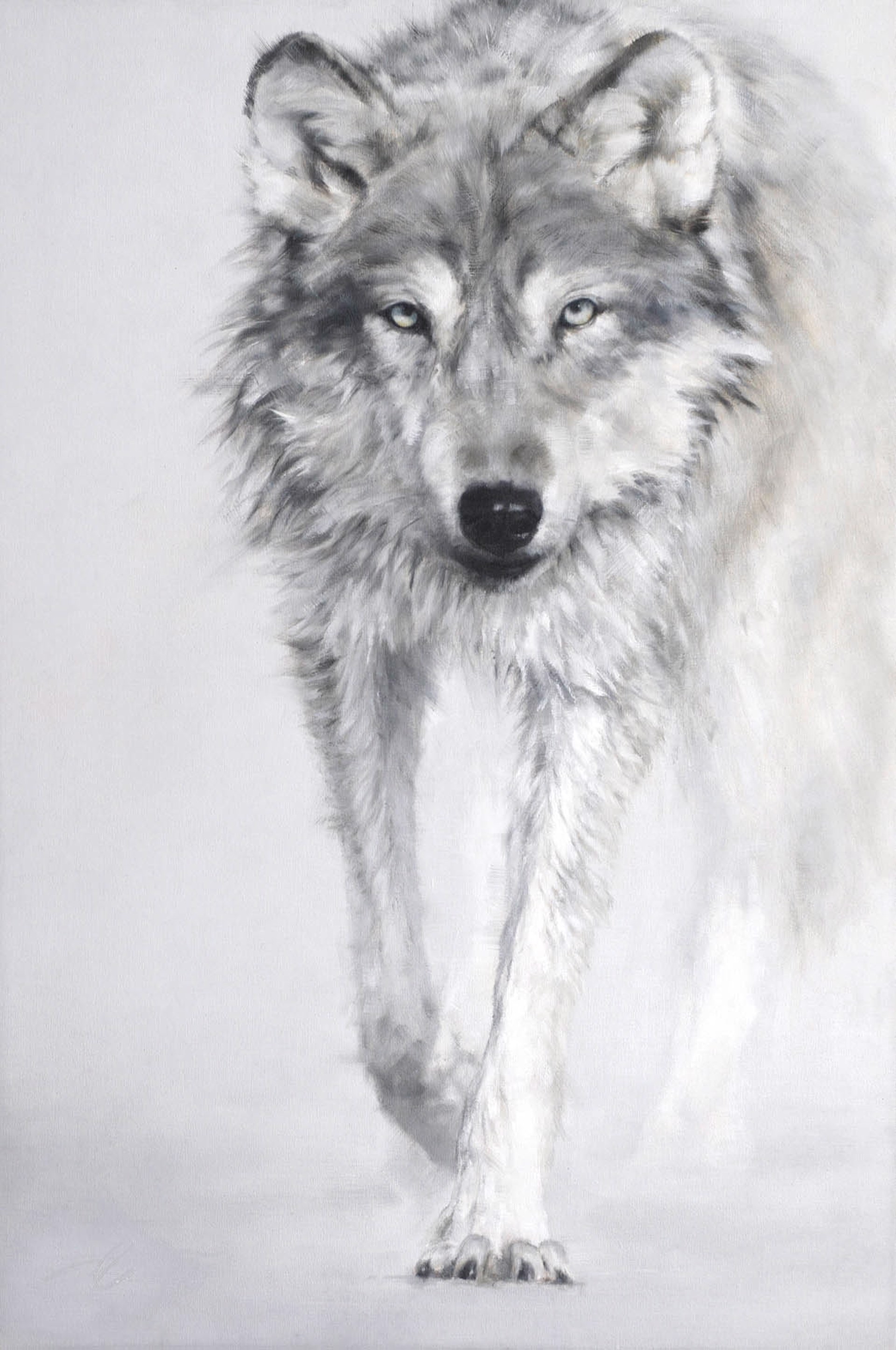 Original Oil Painting Featuring A Wolf Walking Toward Viewer