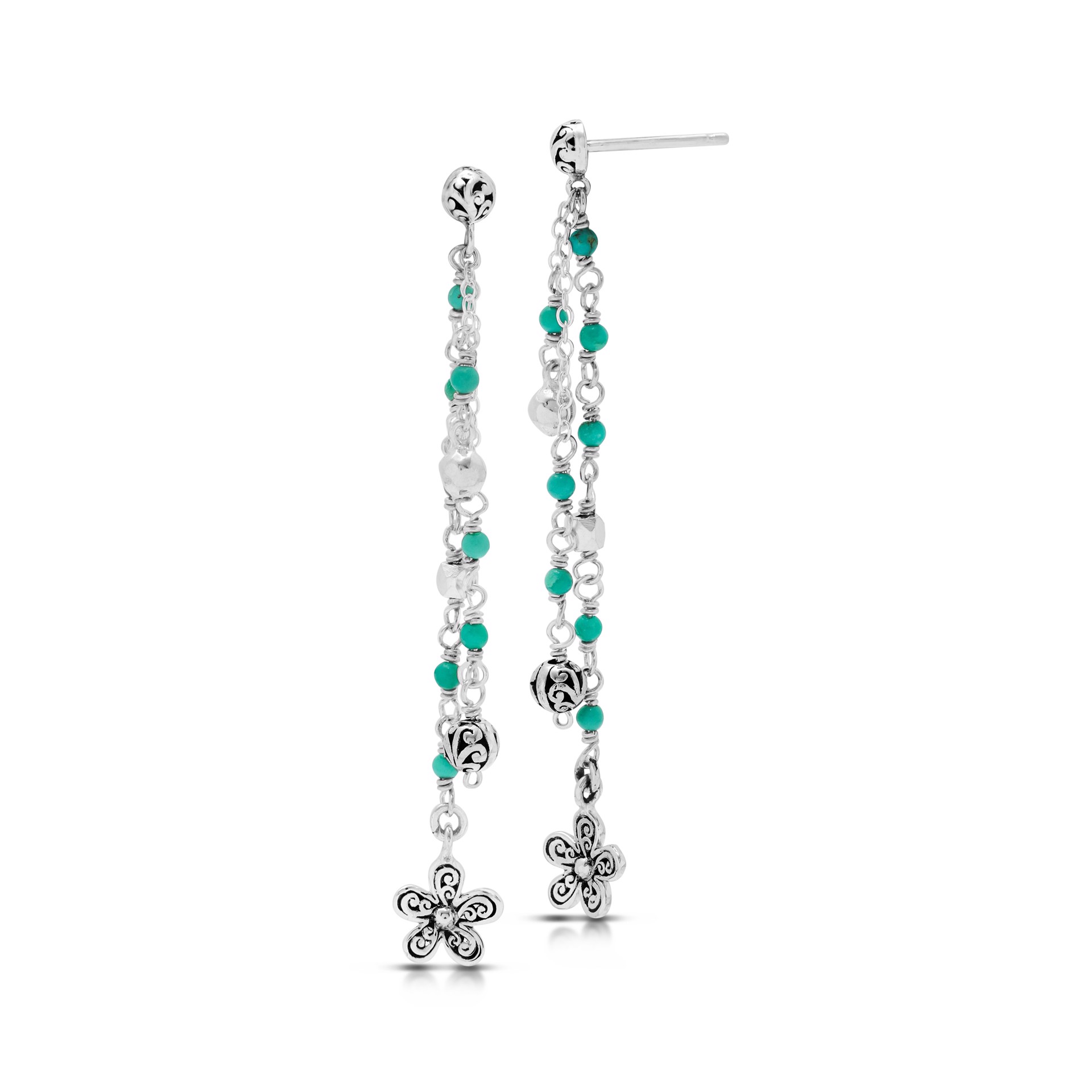 9689 Blue Turquoise Bead with Sterling Silver Scroll Bead and Flower Scroll Drop Fishhook Earrings by Lois Hill