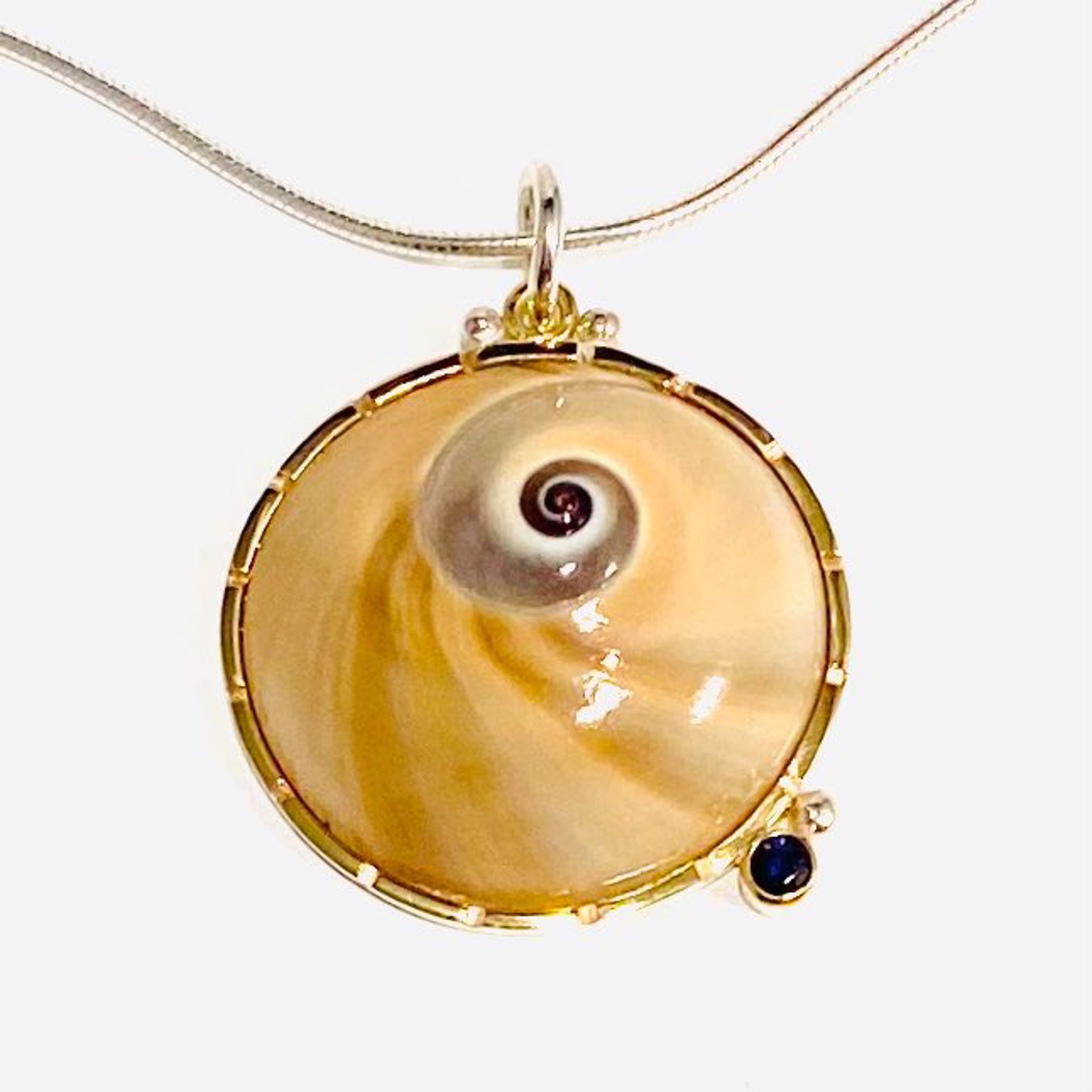 BU22-4 Moon Snail Shell Iolite Pendant on 18"Italian Silver Omaga Chain Necklace by Barbara Umbel