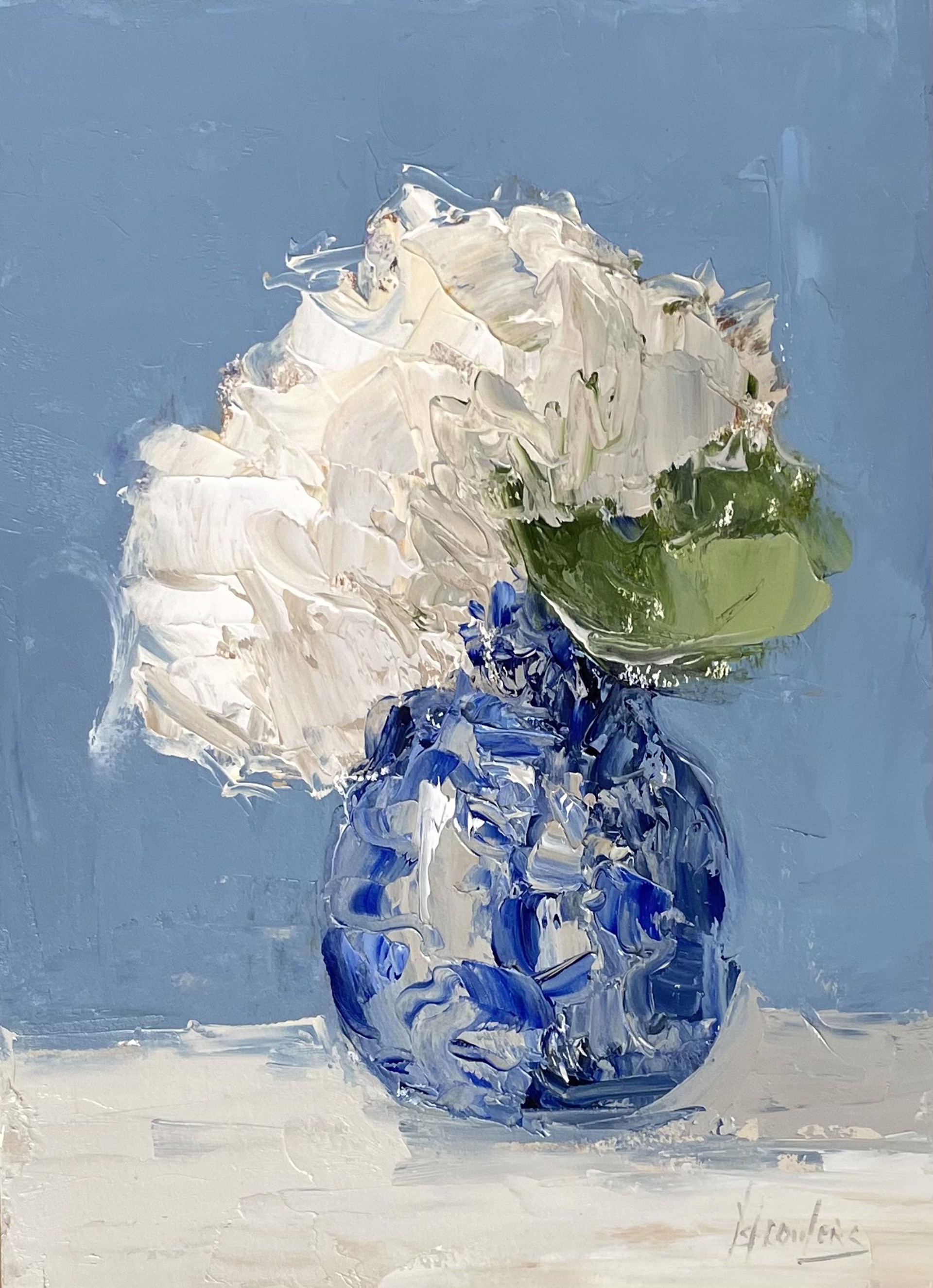 Hydrangea Stem In Blue And White Vase by Barbara Flowers