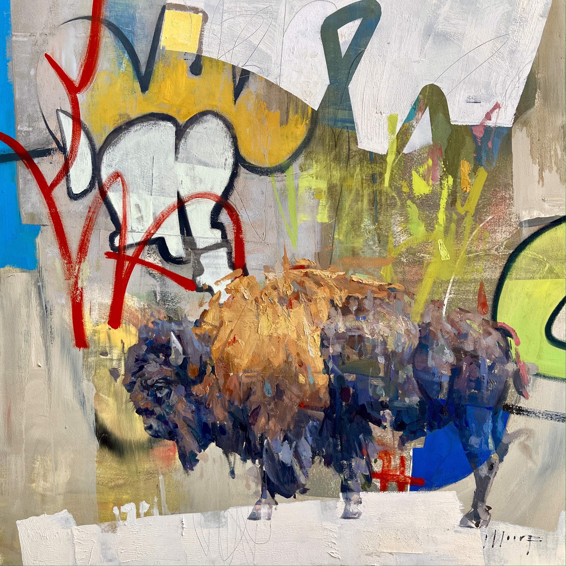 An Oil Painting Of A Bison Walking With An Abstract Graffiti Style Background, By Larry Moore