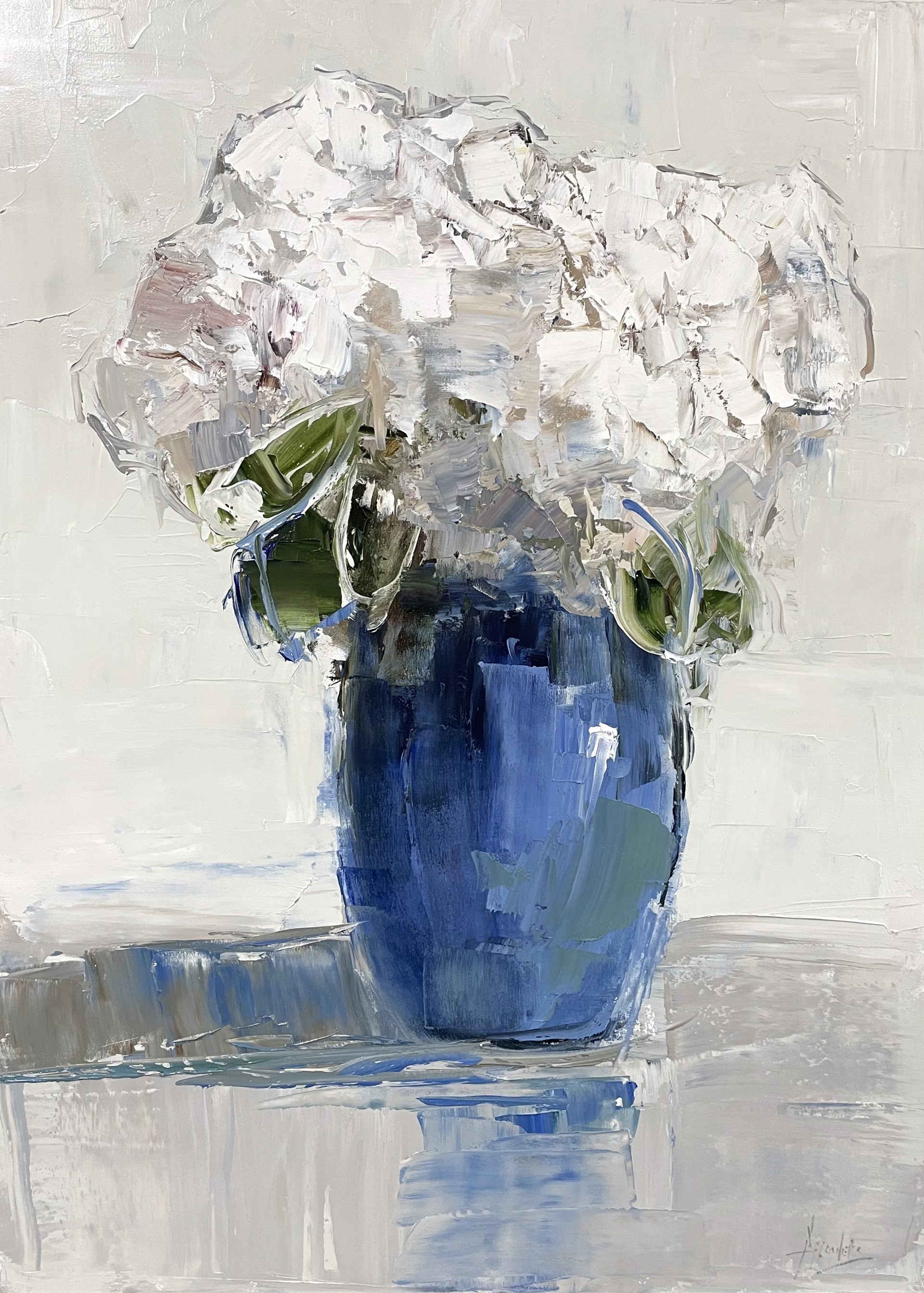 Hydrangeas In Blue Vase - ON HOLD by Barbara Flowers