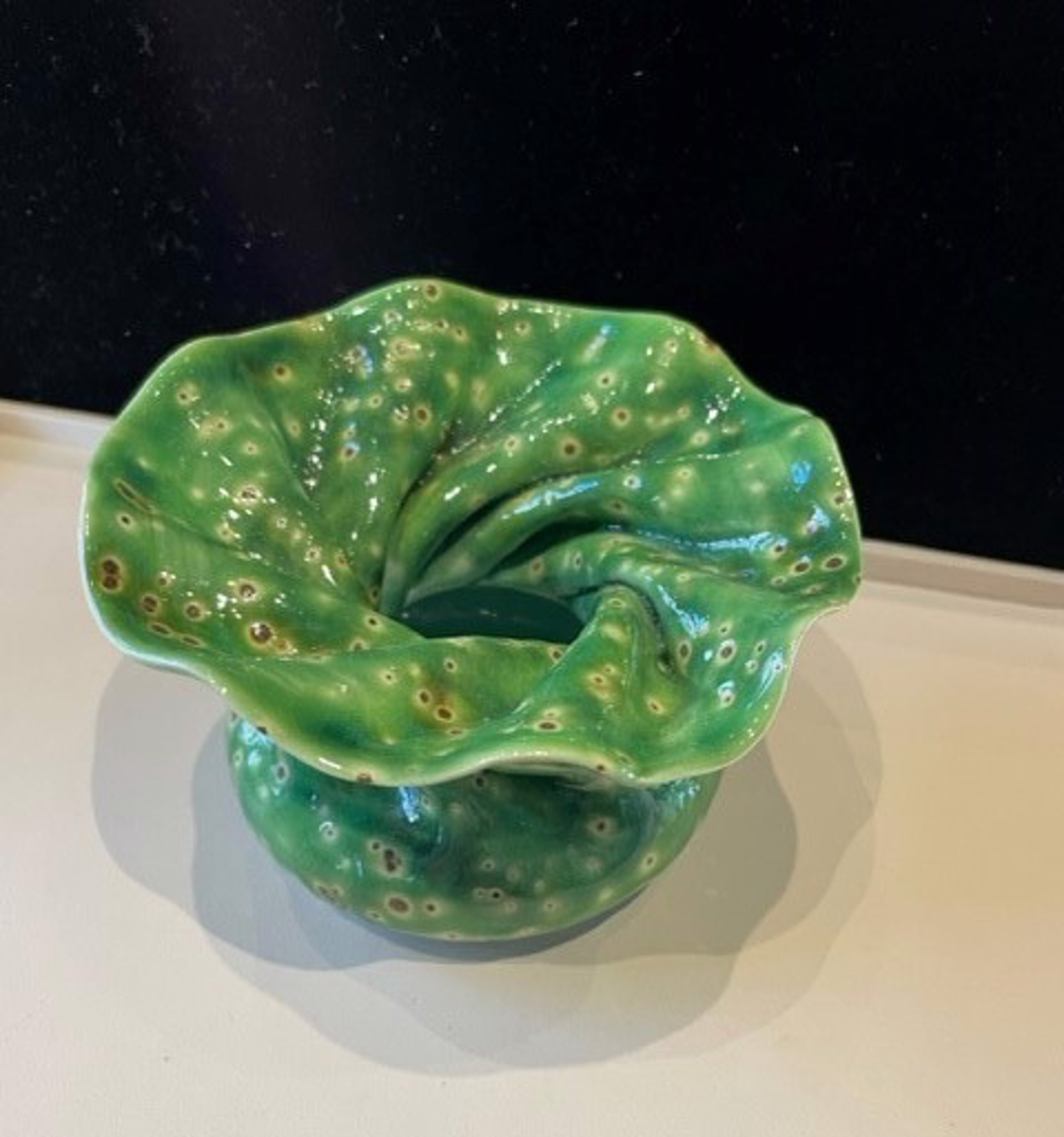 Clarkhouse #96 Spotted green full ruffle top vase by Bill & Pam Clark Clark House Pottery