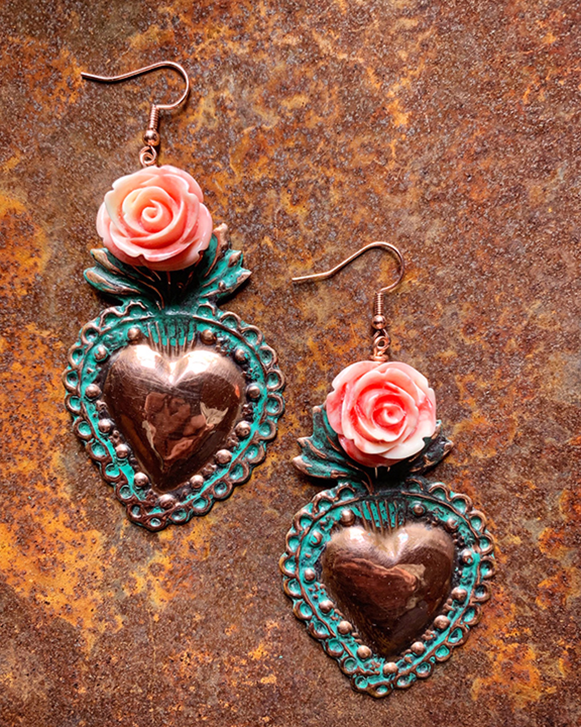 K722 Sacred Heart Earrings with Pink Roses by Kelly Ormsby