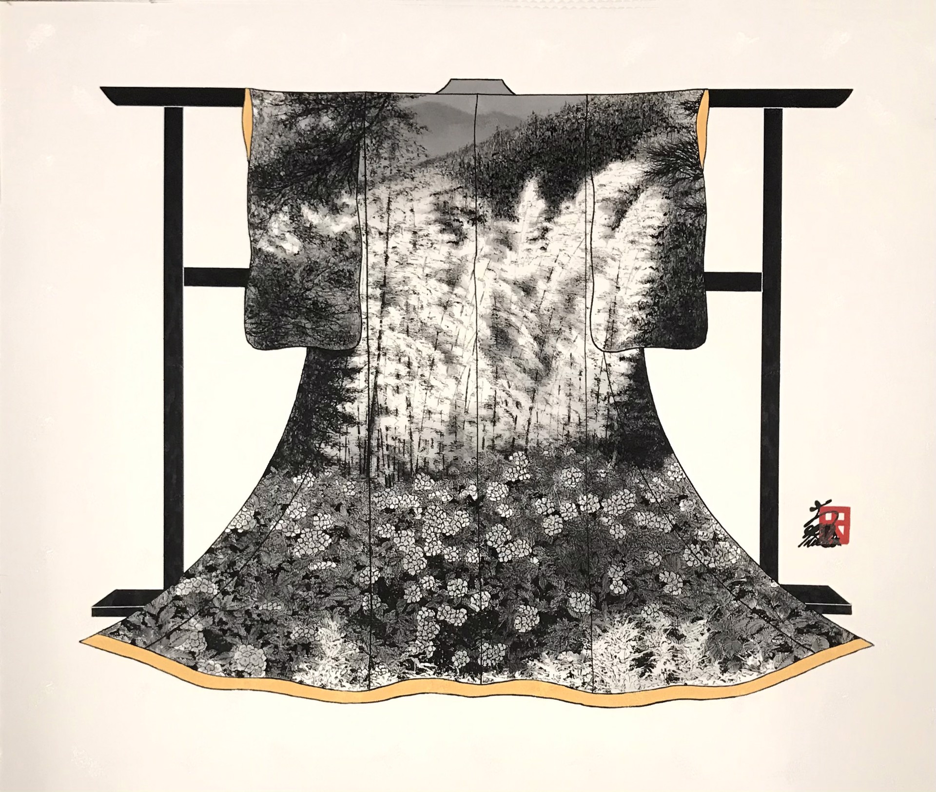 Kimono Hydrangea And Trees by Hisashi Otsuka