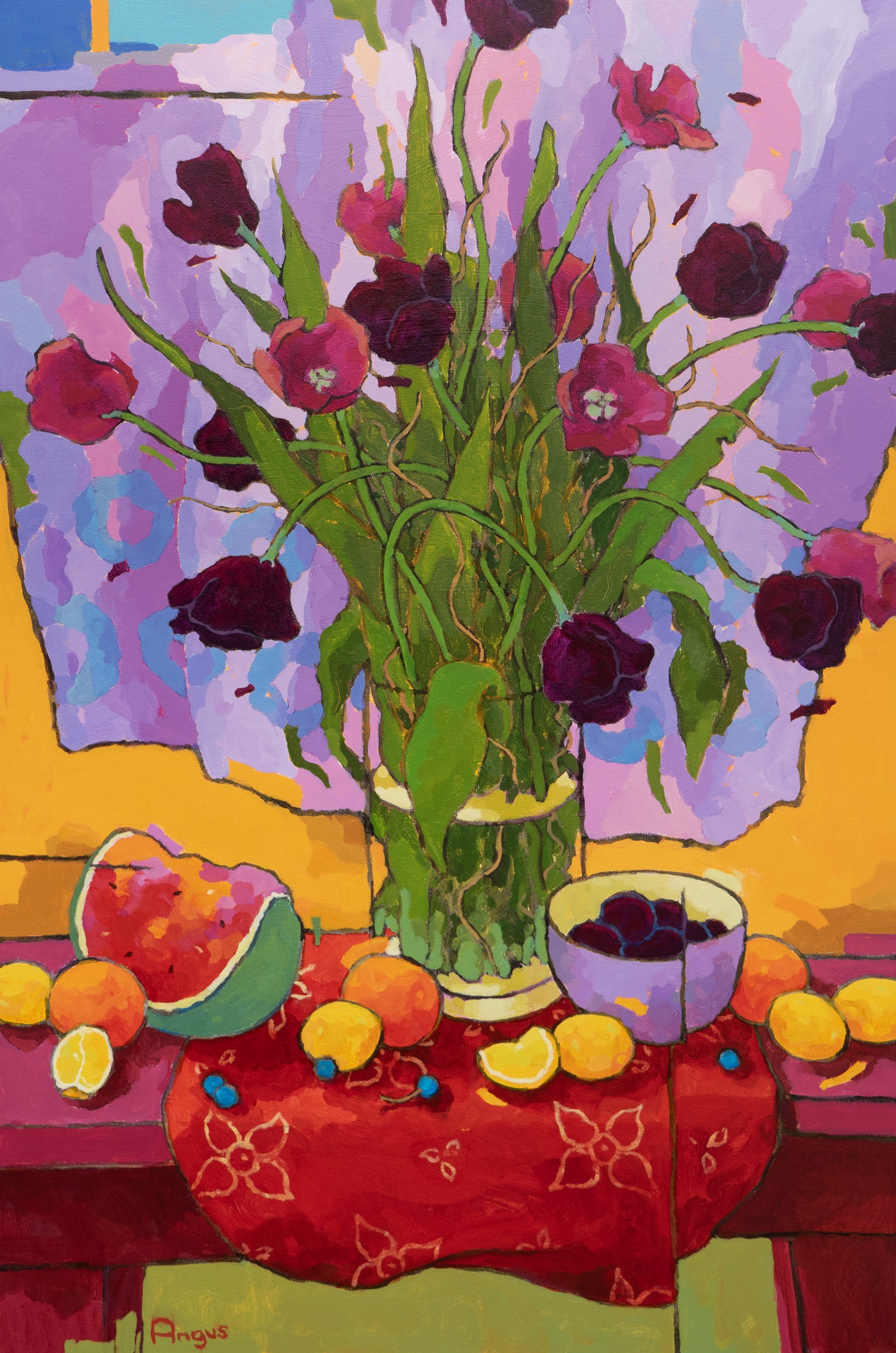 Tulips with Lemons & Watermelon over Violet by Angus