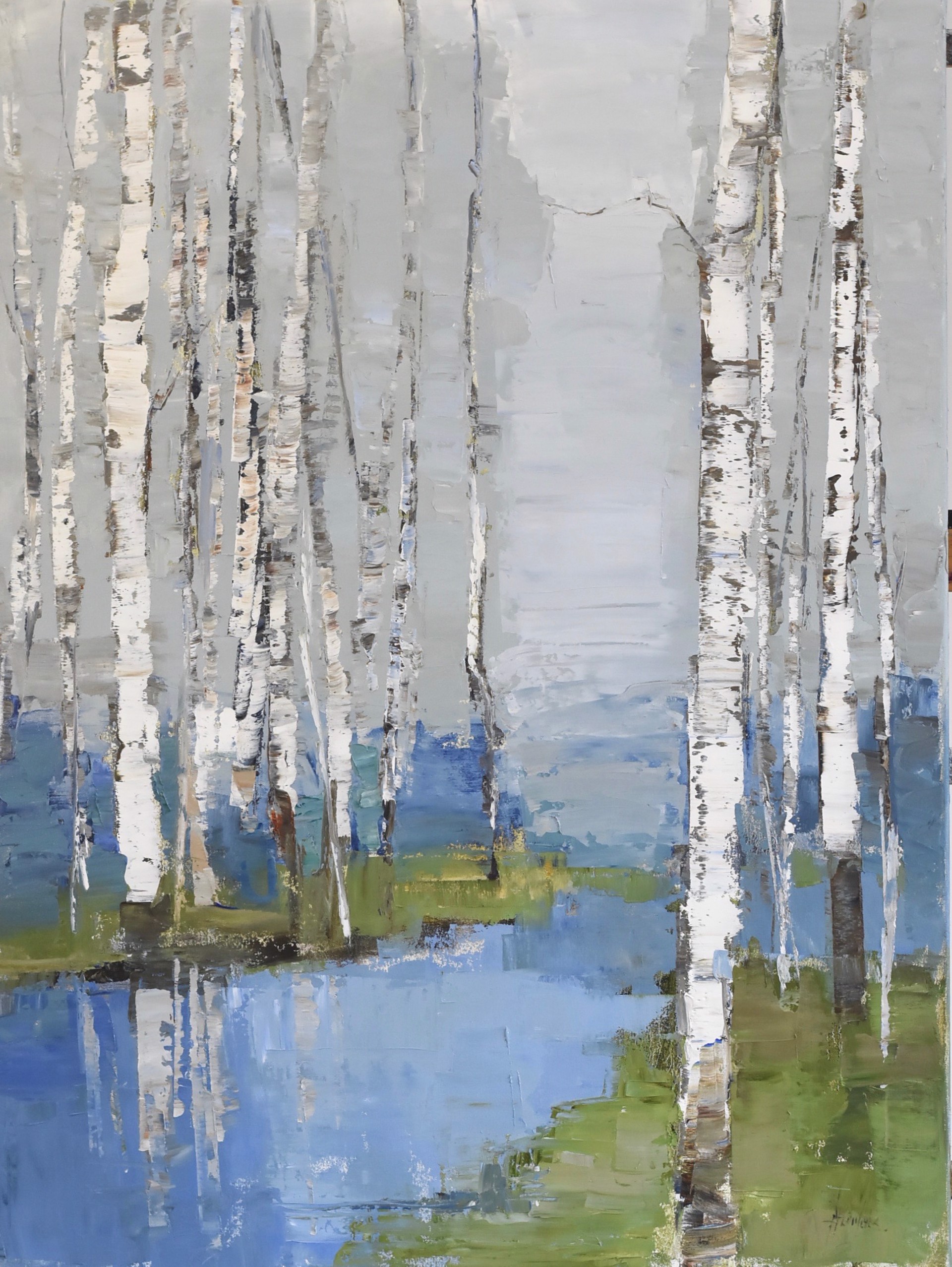 Birch and Blue Stream  by Barbara Flowers