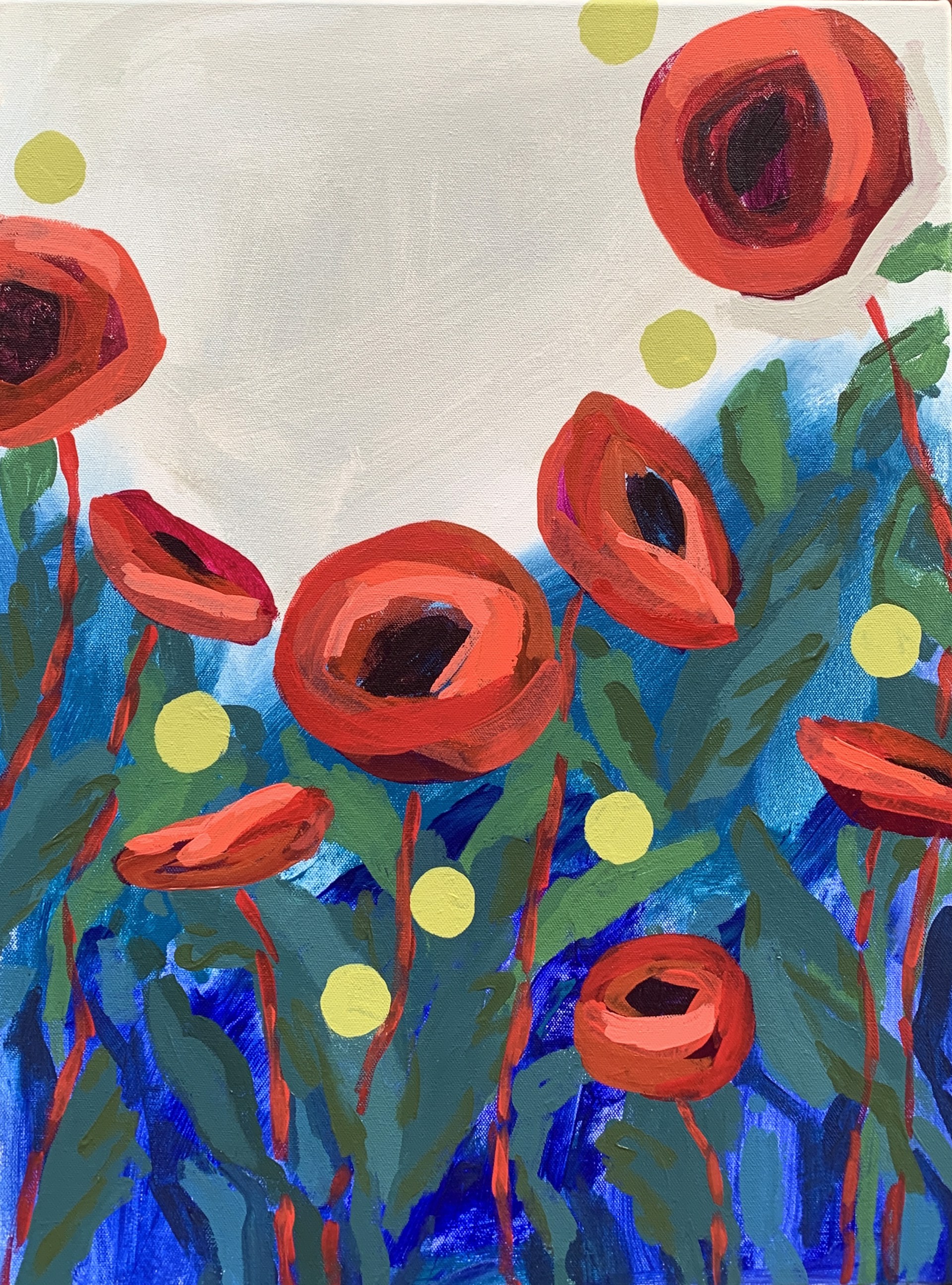 Red Poppies + Green Dots II by Julia Blake