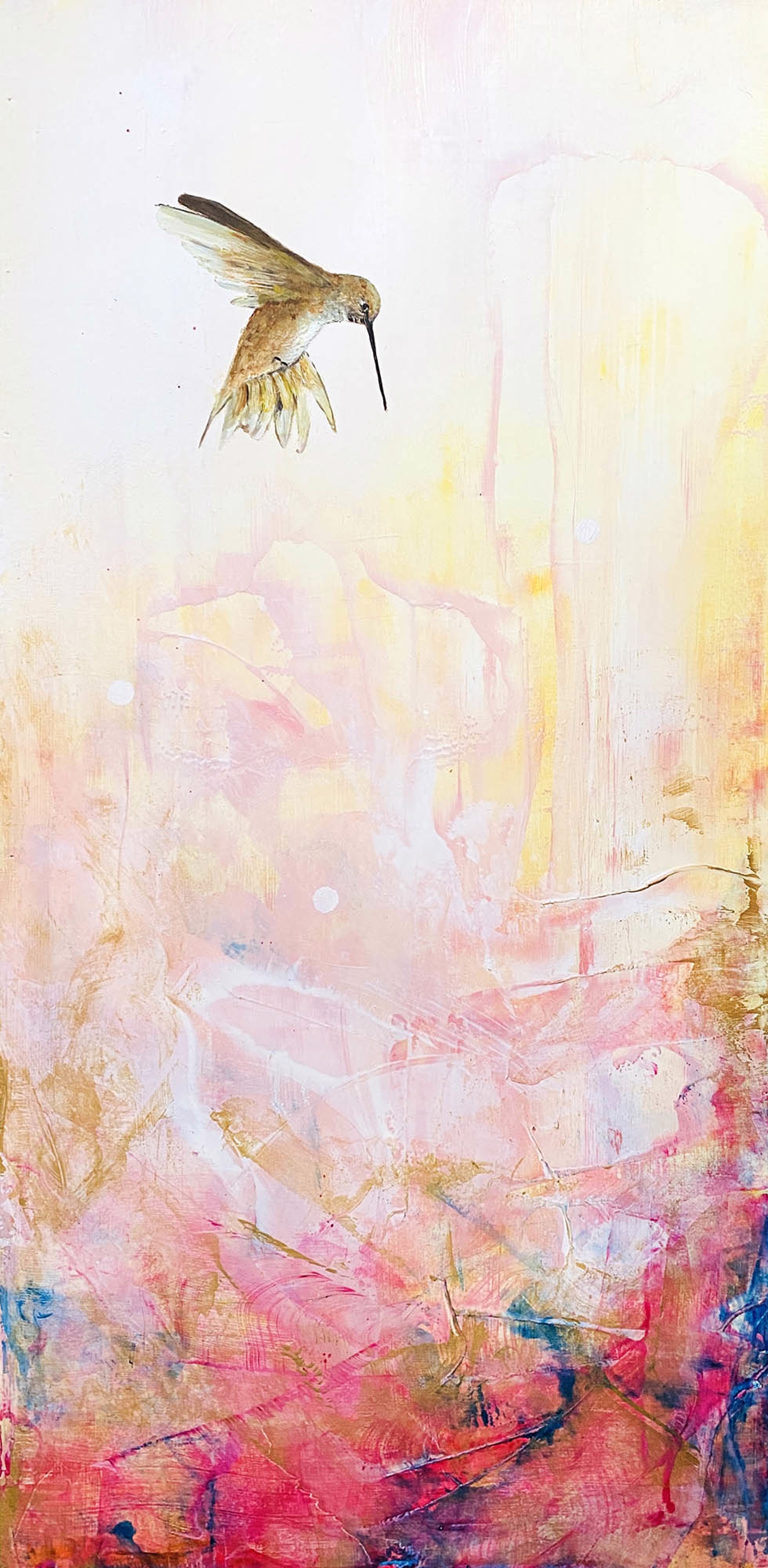 Original Oil Painting Featuring A Single Hummingbird Over Abstract Background In Yellow To Pink Gradient