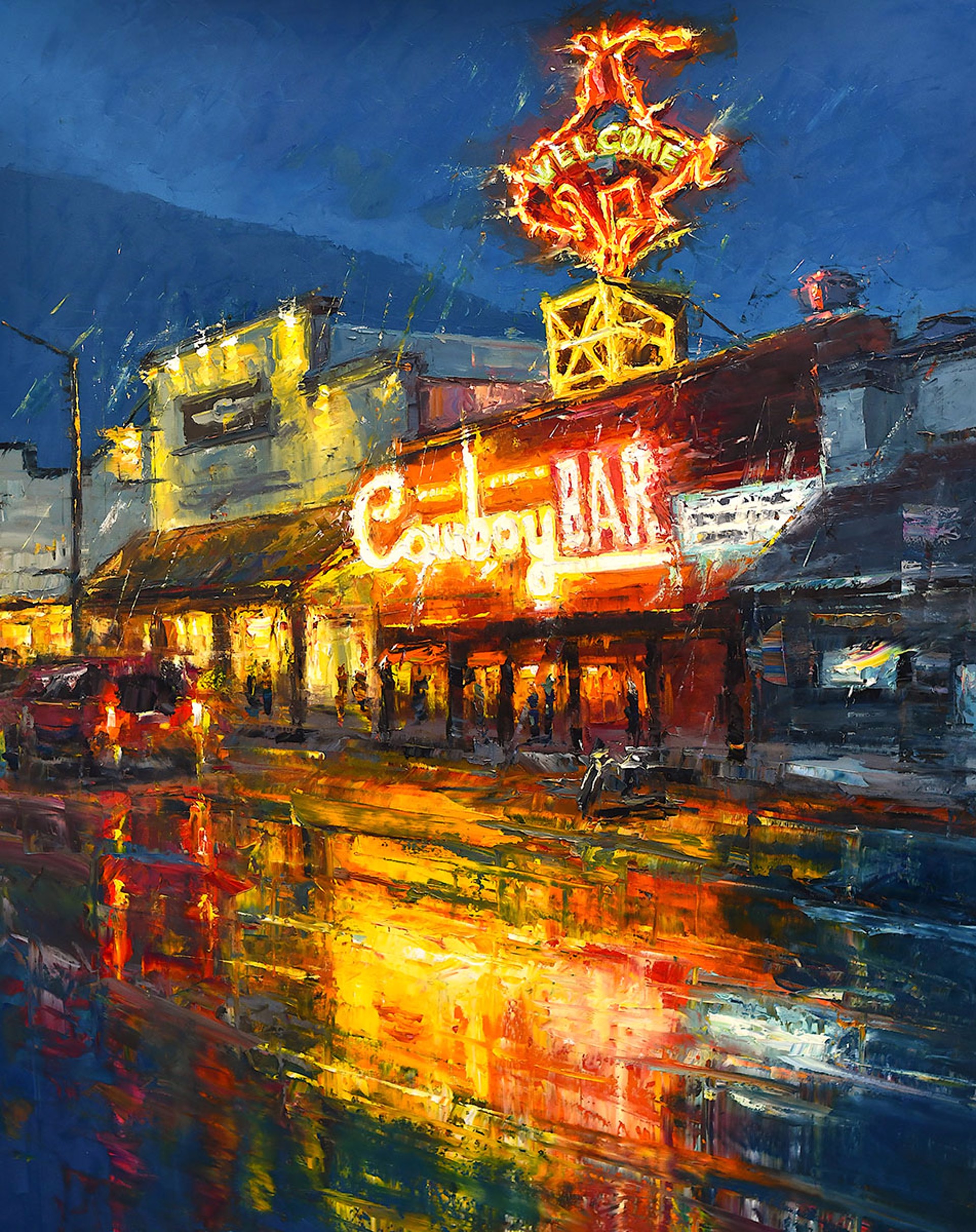 Original Oil Painting By Caleb Meyer Featuring The Million Dollar Cowboy Bar In Jackson Wyoming In The Rain