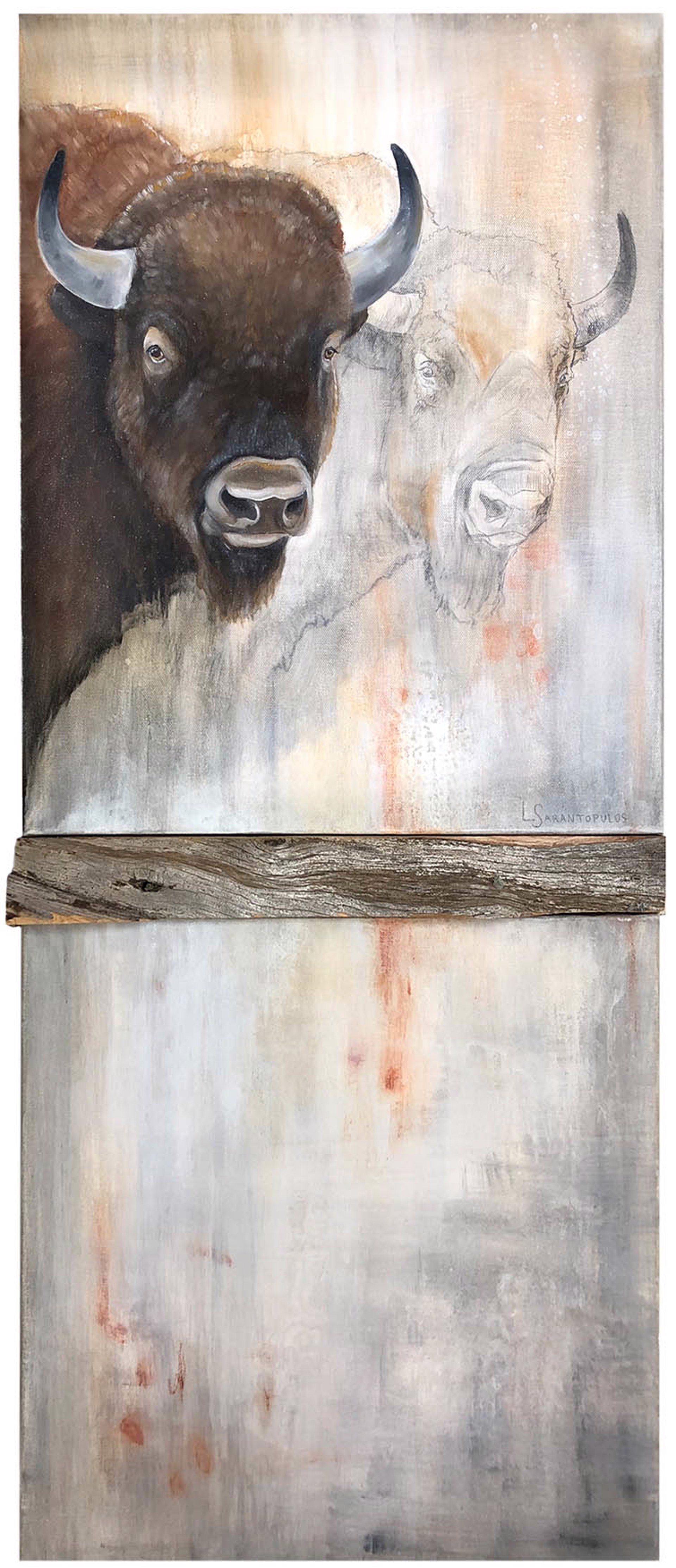 Original Mixed Media Featuring A Bison Head On Grey Abstract Background Split By Barn Wood Panel