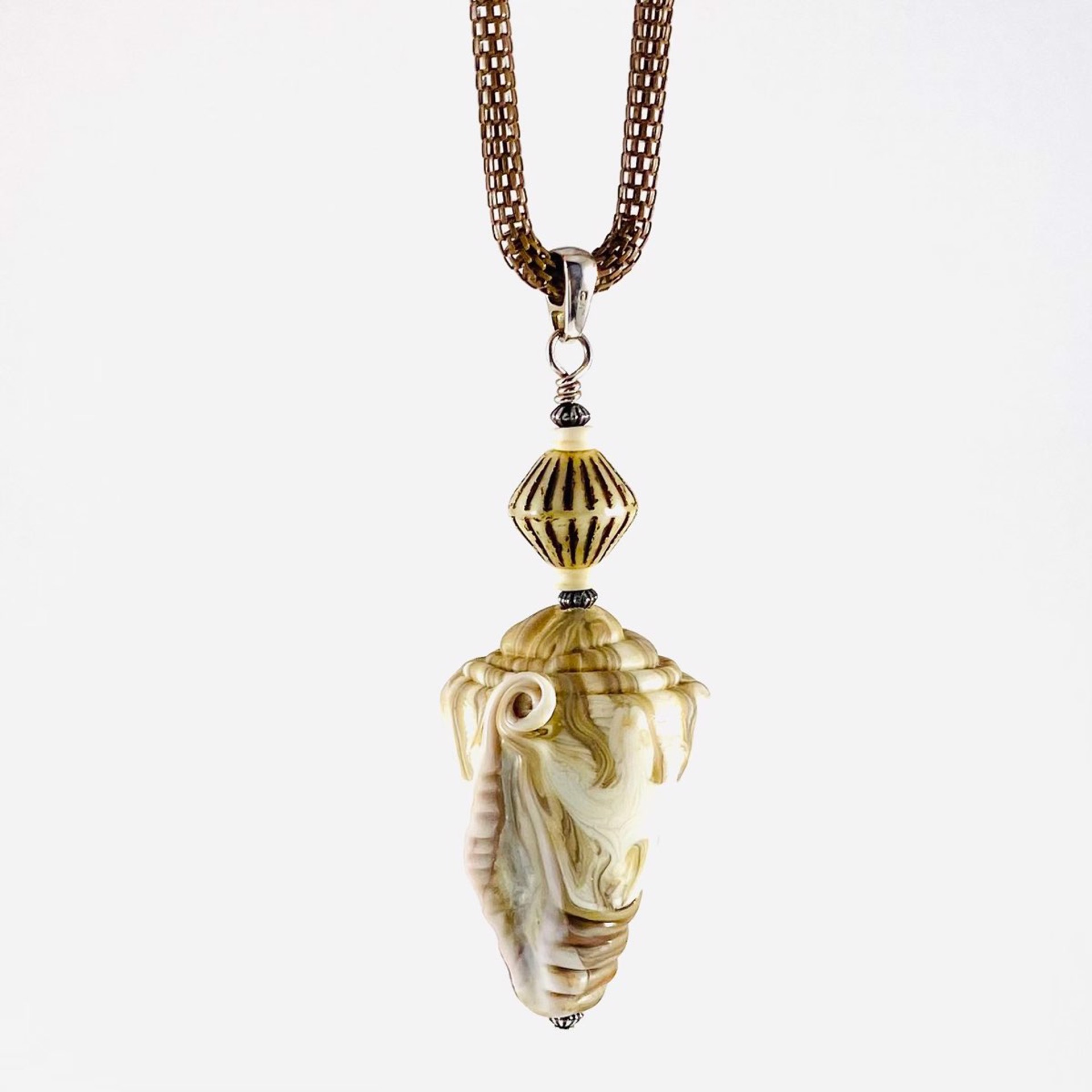 LS21-443N Tan and Ivory Shell Pendant on Lt Brown Mesh Chain by Linda Sacra