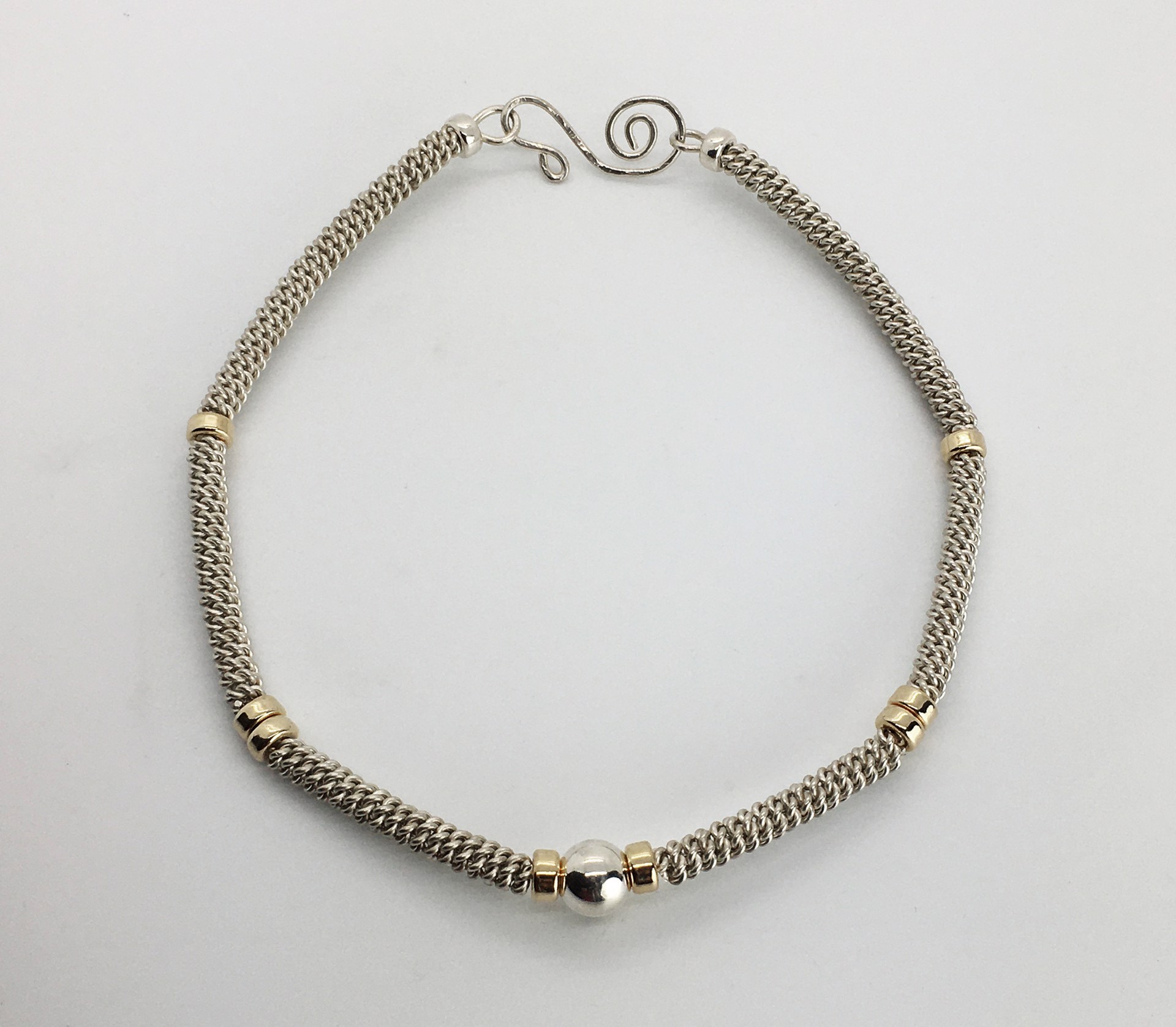 Woven Sterling Silver Neck Cuff with Gold Plated Rondelles & Silver Beads by Suzanne Woodworth