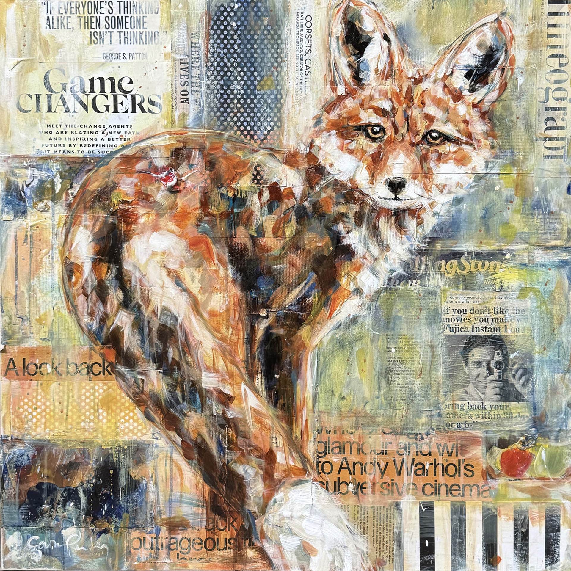 Mixed Media Painting By Carrie Penley Featuring A Red Fox On Collage Background With Western Details