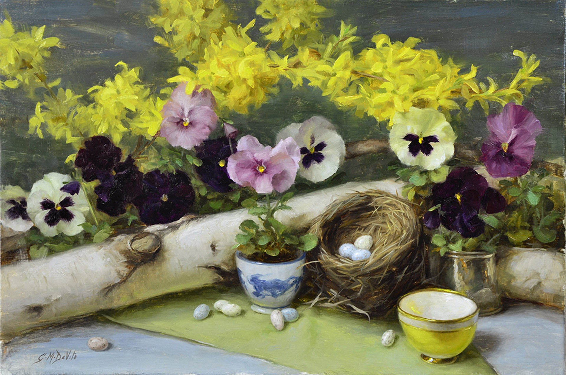 Forsythia and Pansies by GRACE DeVITO