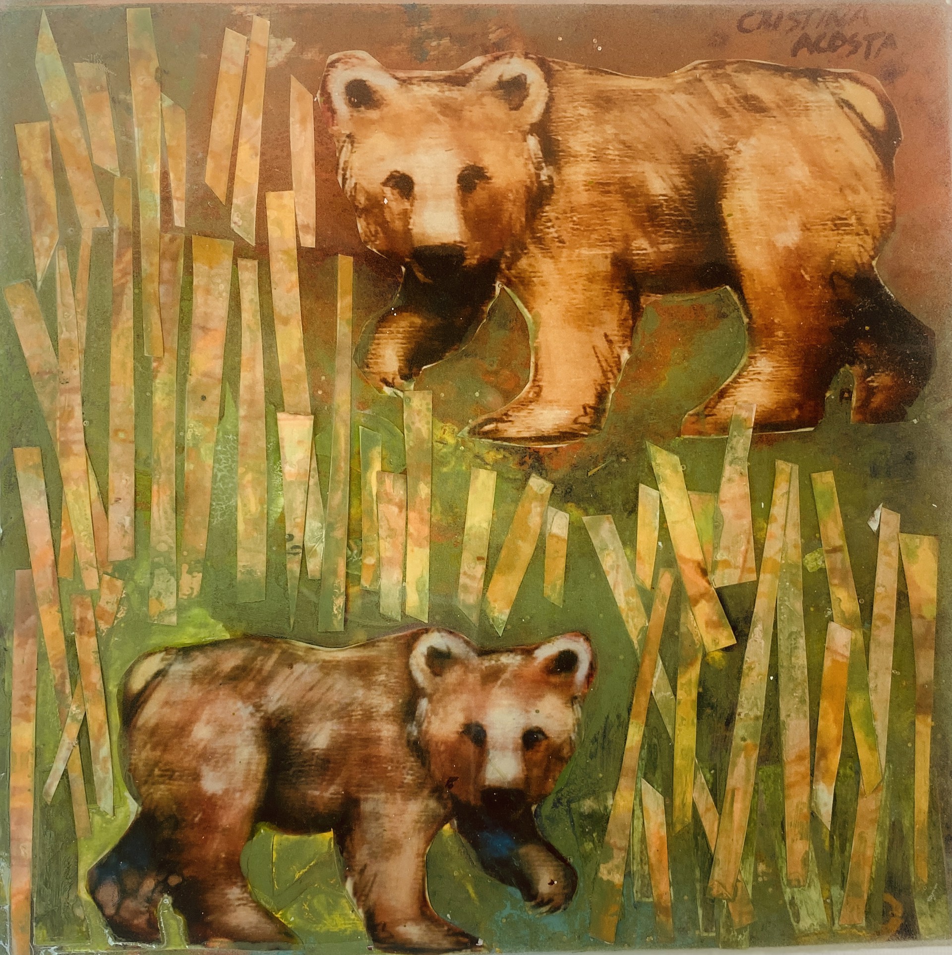 Bear Cubs in the Grass (collage original) by Cristina Acosta