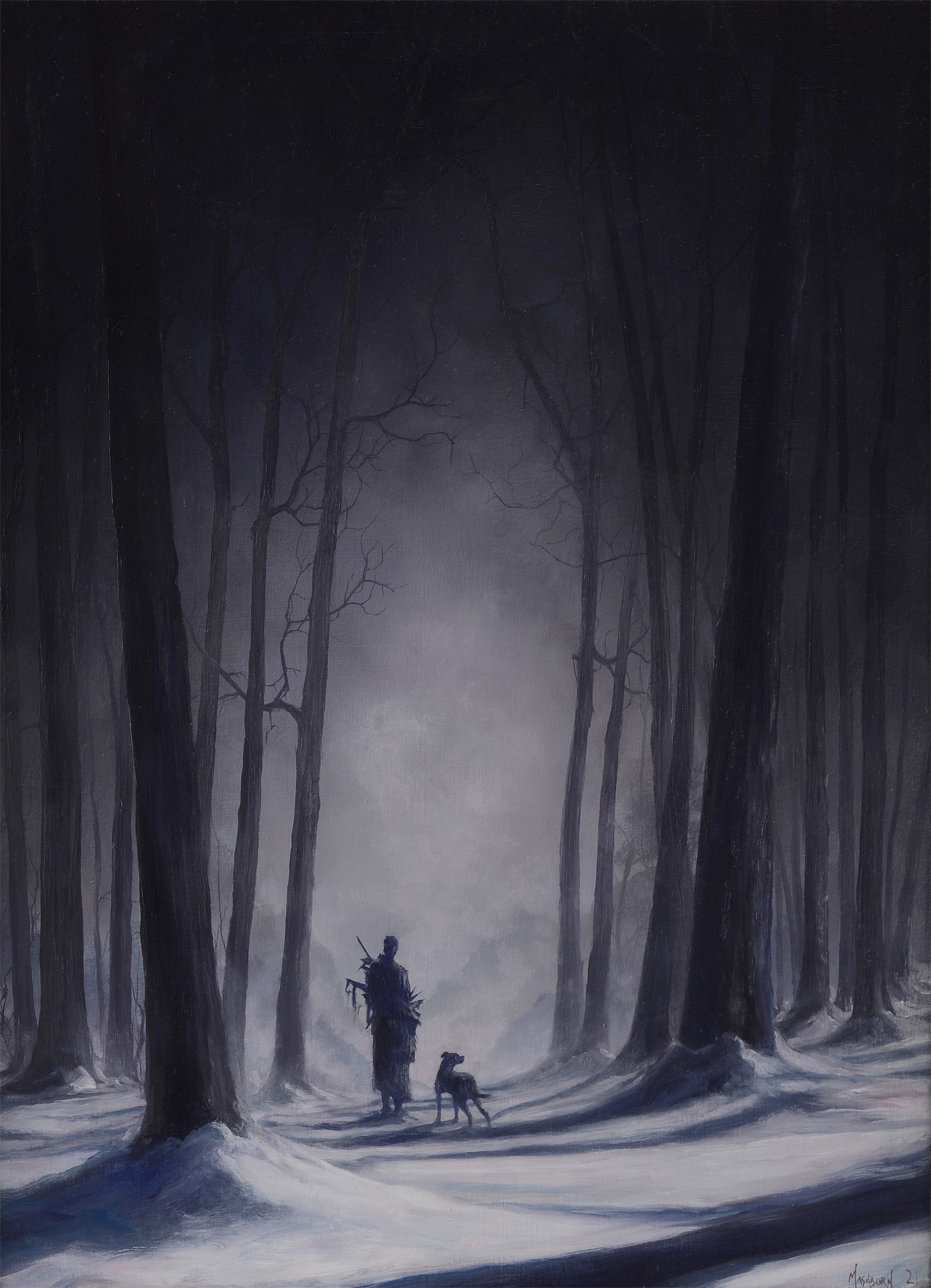 Boy with Dog in the Forest at Night by Brian Mashburn