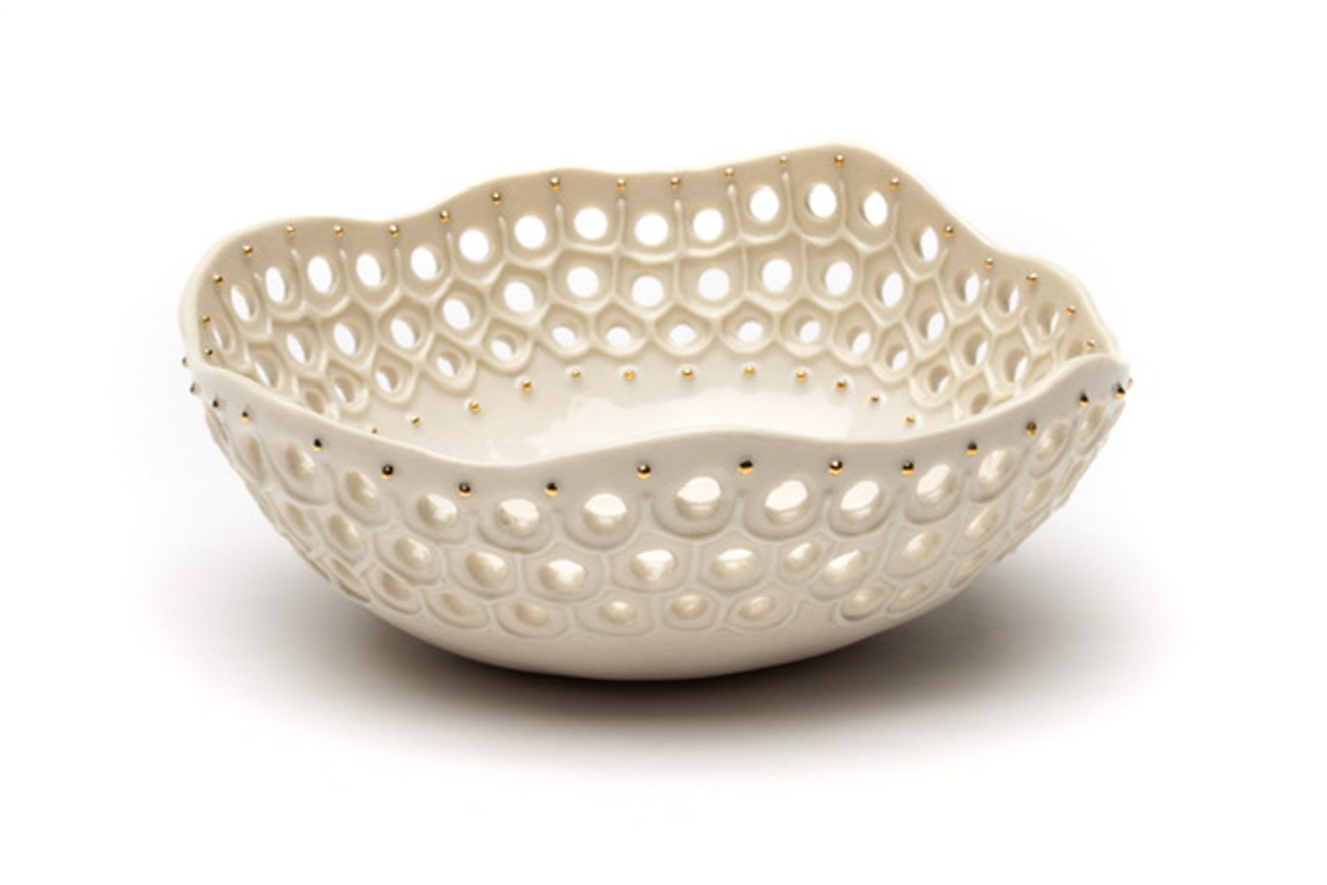 Medium White & Gold Lacy Bowl by Maria Bruckman